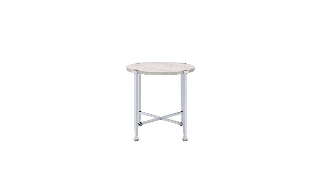 24" Chrome And White Oak Manufactured Wood And Metal Round End Table-0