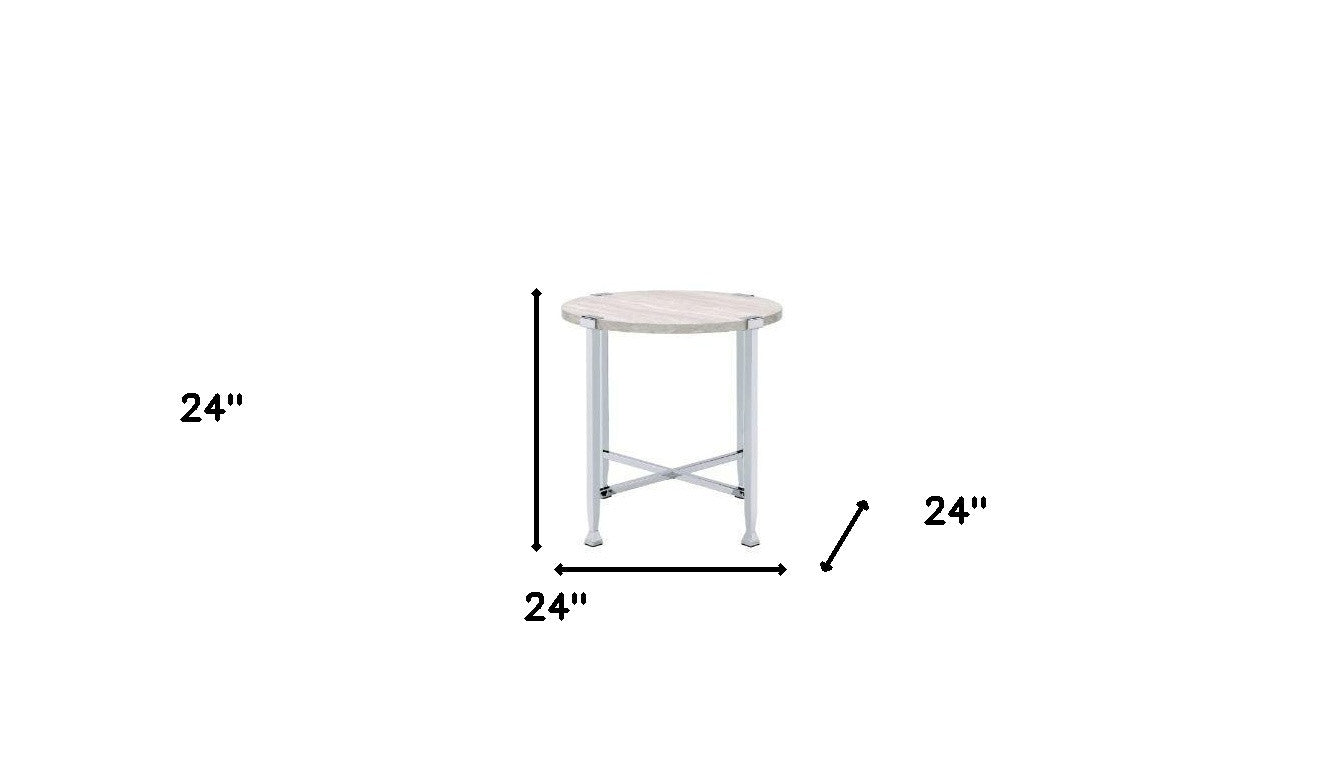 24" Chrome And White Oak Manufactured Wood And Metal Round End Table-5
