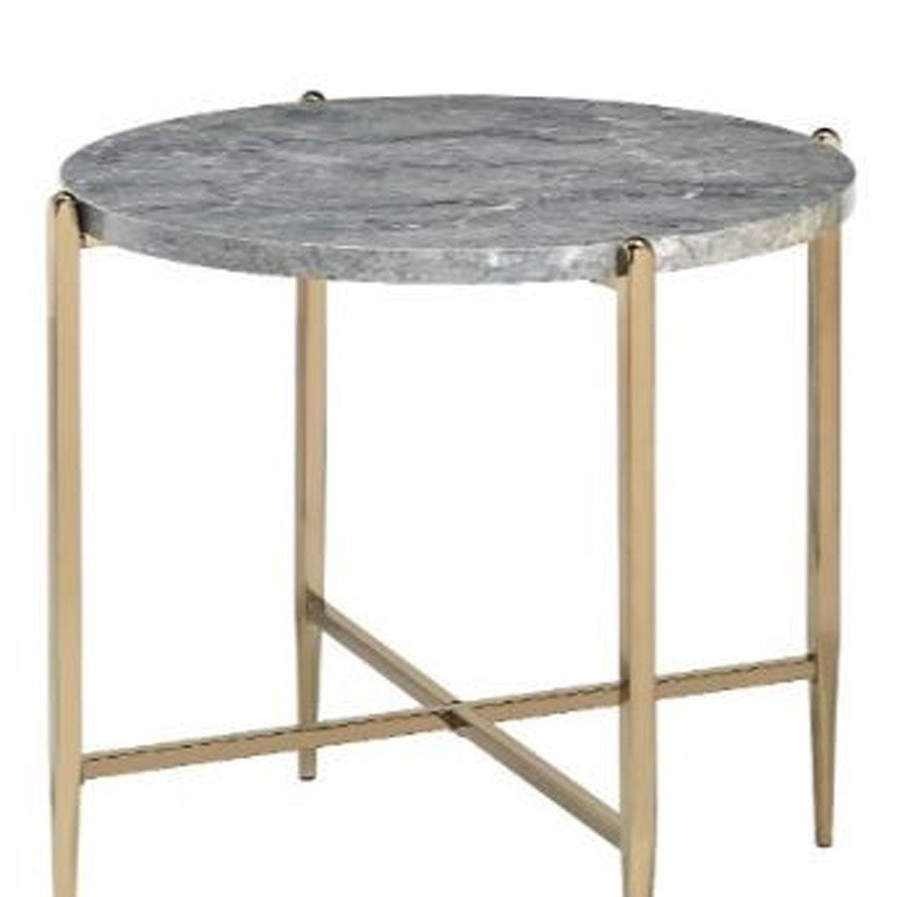 24" Champagne And Light Gray Manufactured Wood And Metal Round End Table-3