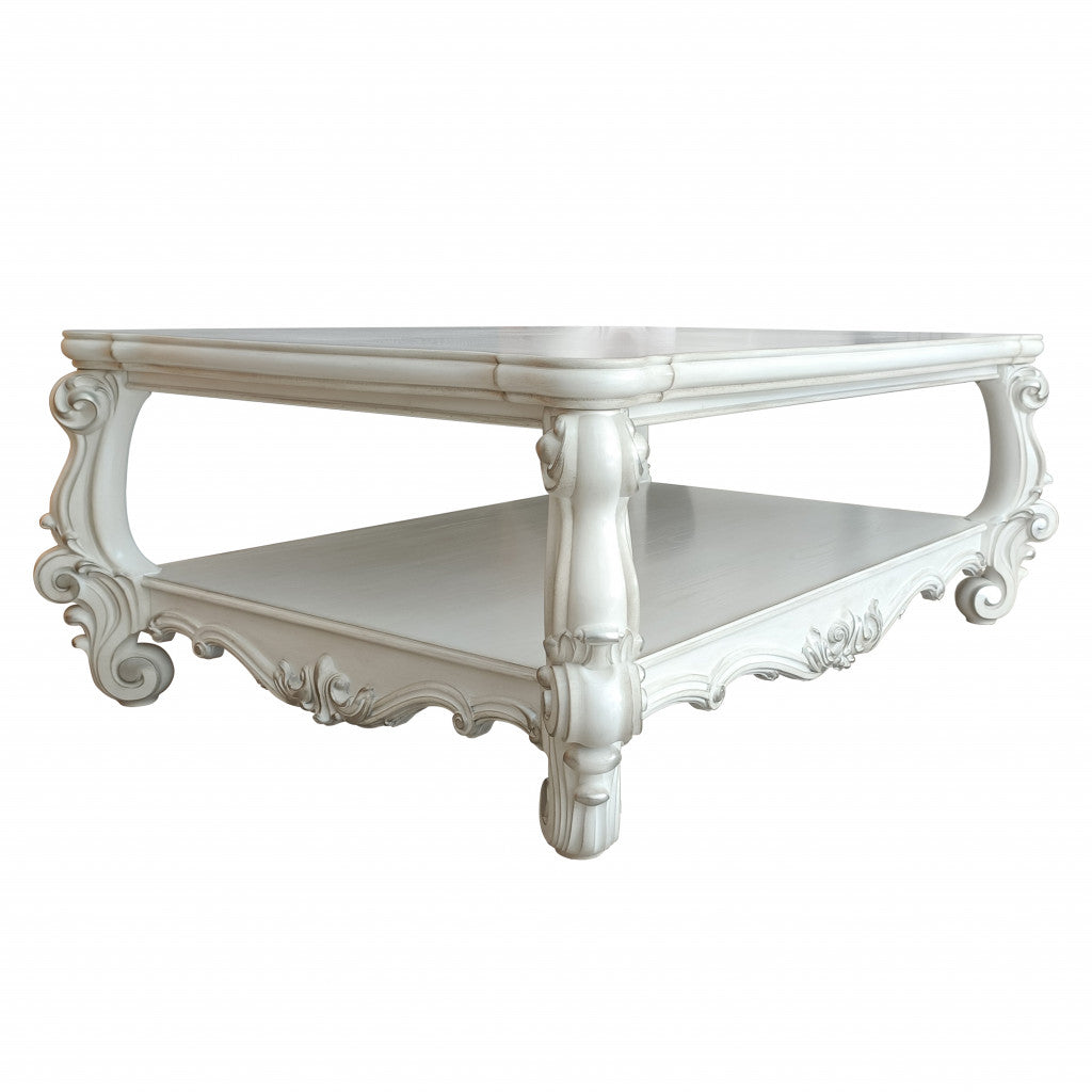 57" Antiqued White Wood Coffee Table With Shelf-1