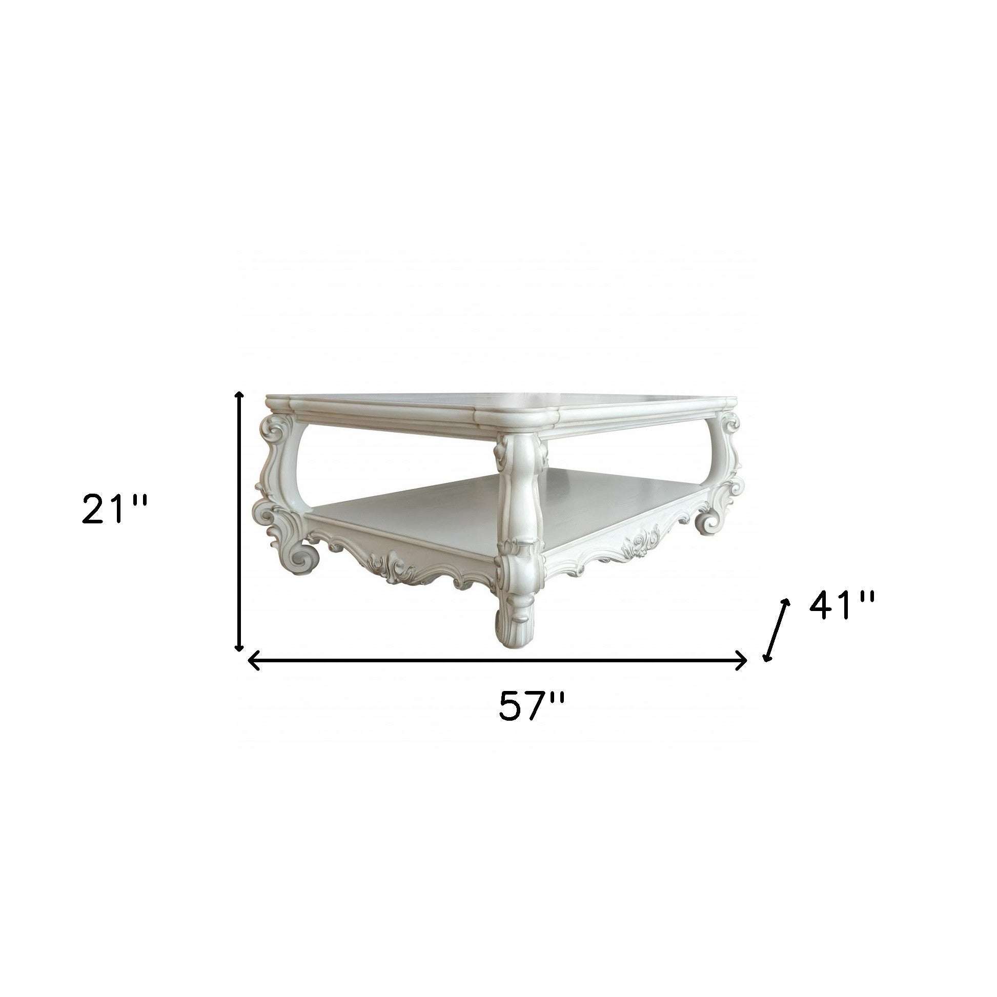 57" Antiqued White Wood Coffee Table With Shelf-3
