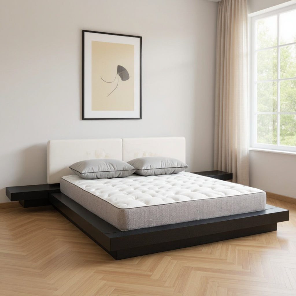 Black and White Solid Wood And Faux Leather Queen Bed Frame-0