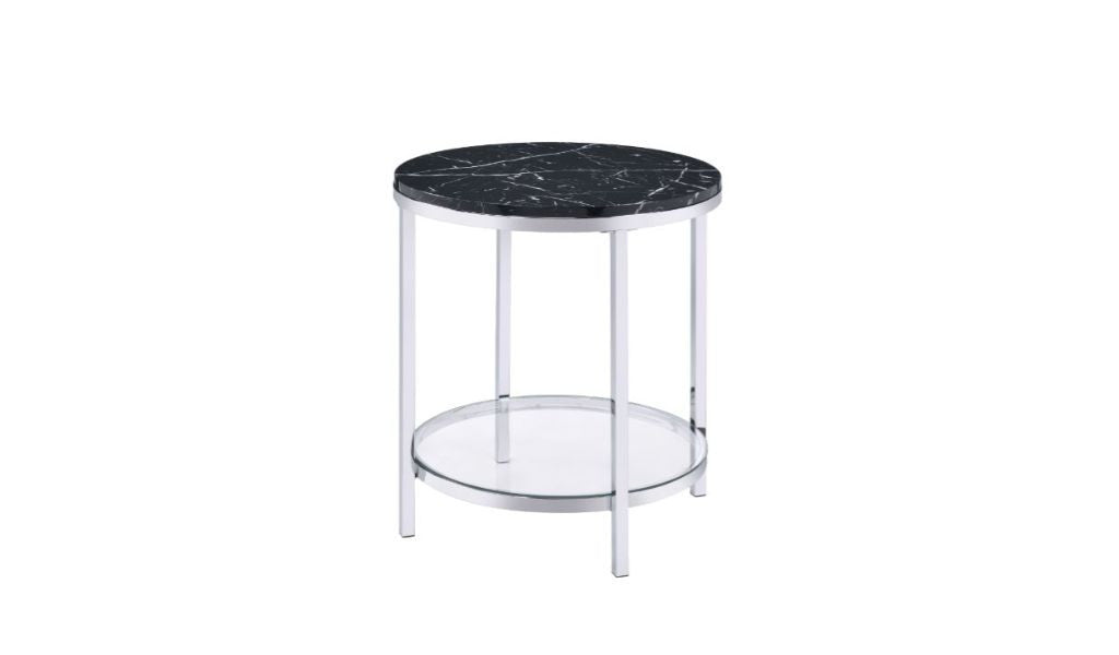 25" Chrome And Black Faux Marble And Metal Round End Table With Shelf-0