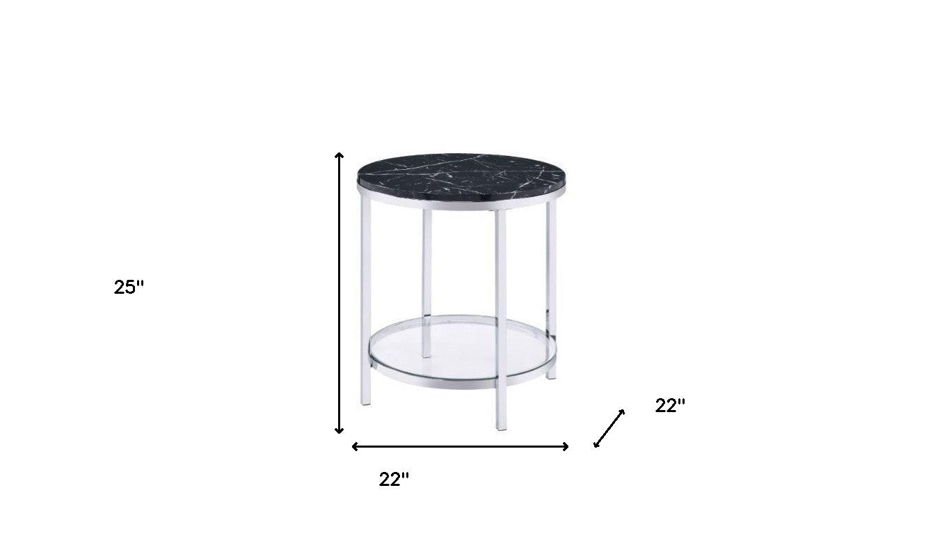 25" Chrome And Black Faux Marble And Metal Round End Table With Shelf-4