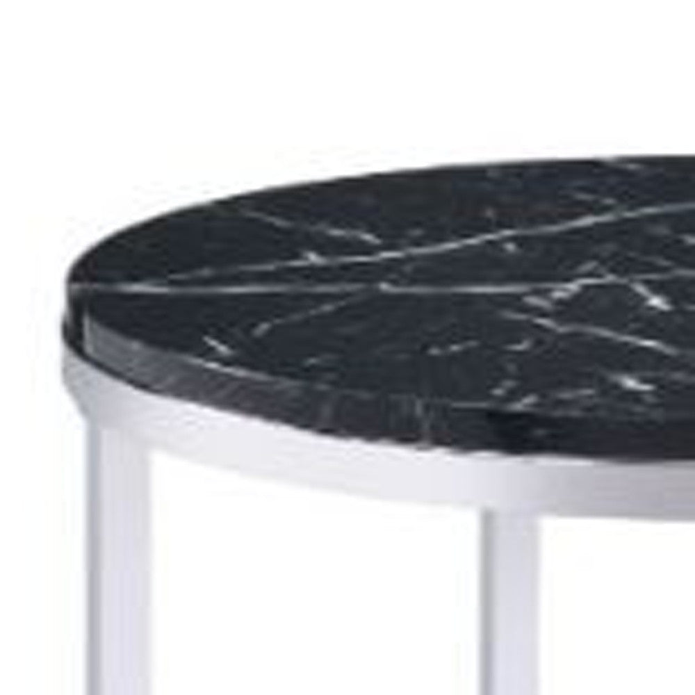 25" Chrome And Black Faux Marble And Metal Round End Table With Shelf-3