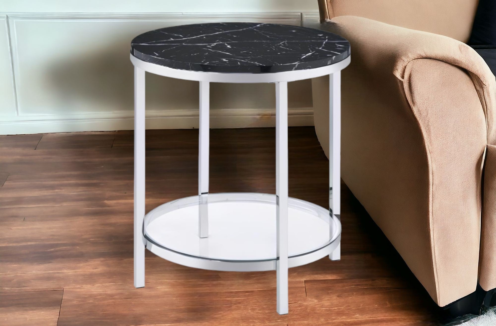 25" Chrome And Black Faux Marble And Metal Round End Table With Shelf-1