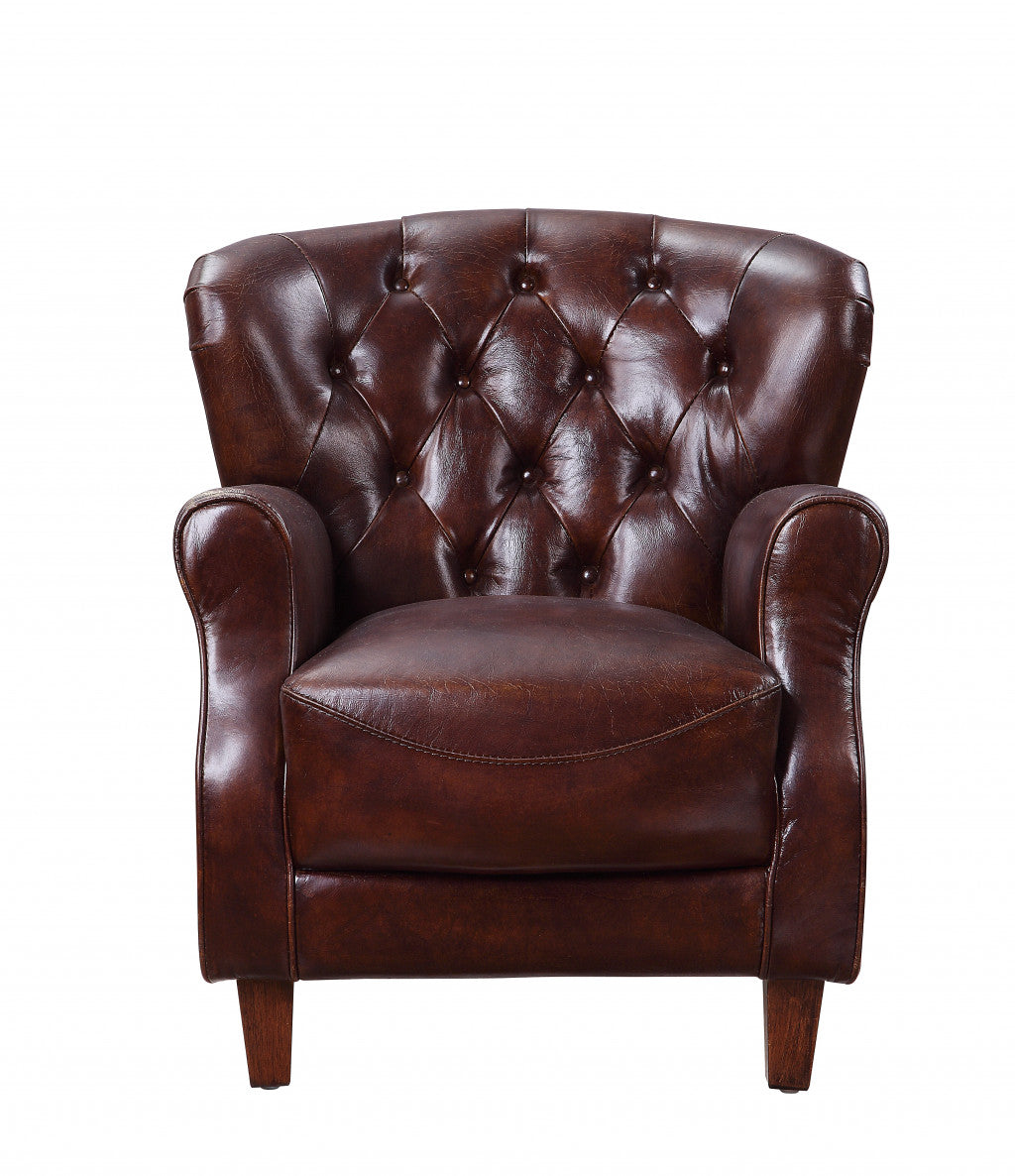 30" Brown and Steel Blue Top Grain Leather Tufted Club Chair-0