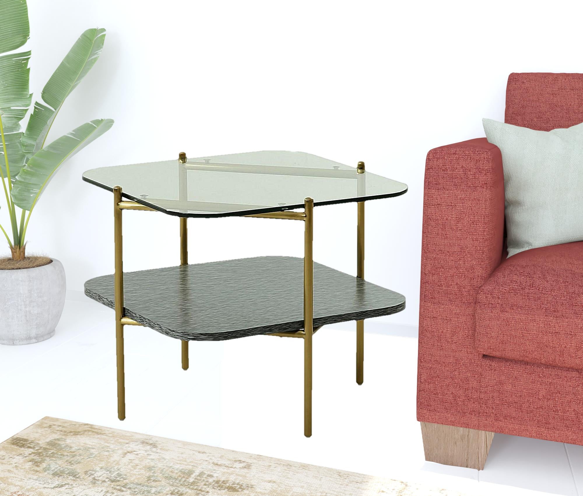 20" Gold And Clear Glass And Metal Square End Table With Shelf-1