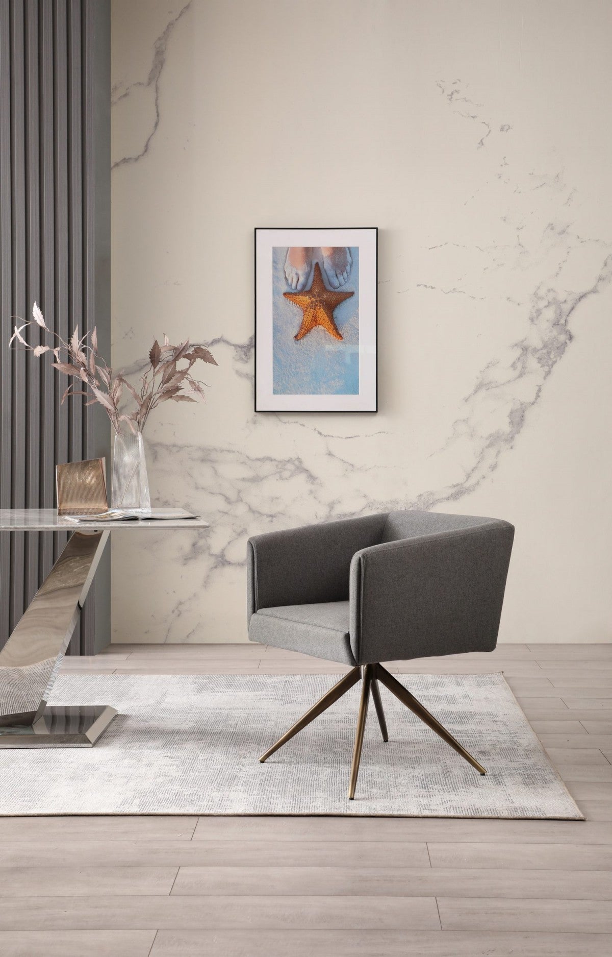 Dark Gray And Brass Upholstered Fabric Dining Arm Chair-6