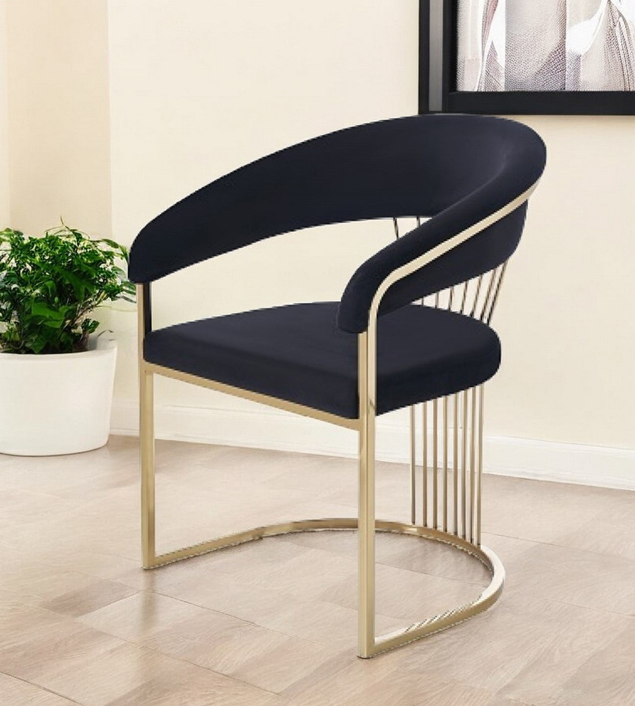 Black And Gold Upholstered Velvet Open Back Dining Arm Chair-0
