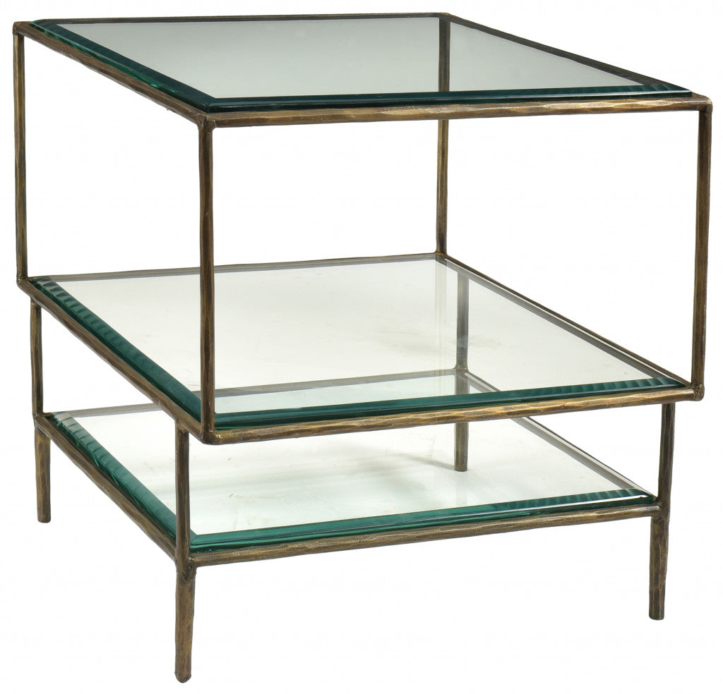 20" Bronze And Clear Glass And Iron Square End Table With Two Shelves-0