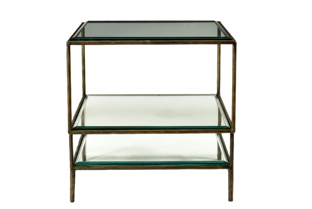 20" Bronze And Clear Glass And Iron Square End Table With Two Shelves-1