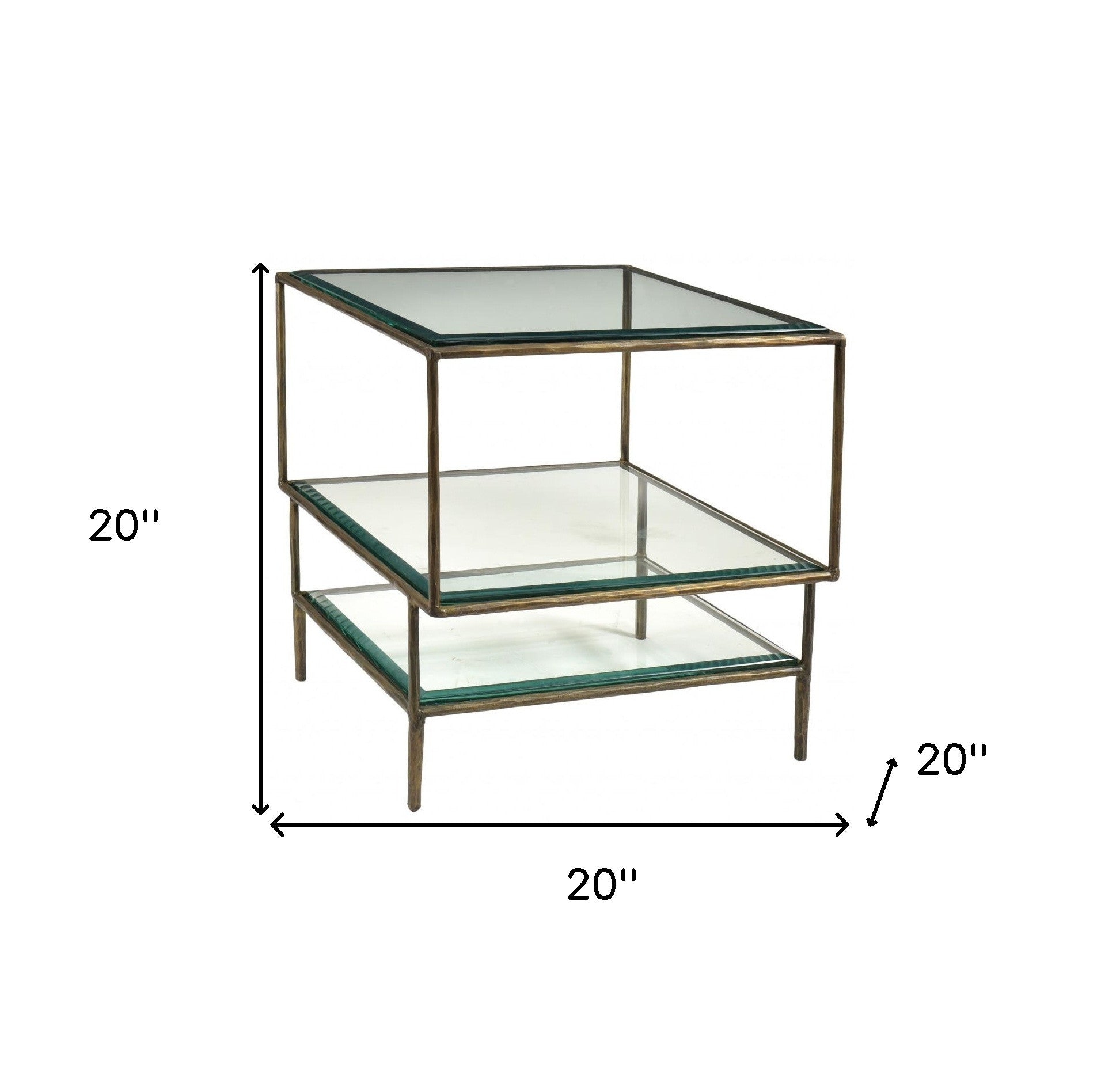 20" Bronze And Clear Glass And Iron Square End Table With Two Shelves-4