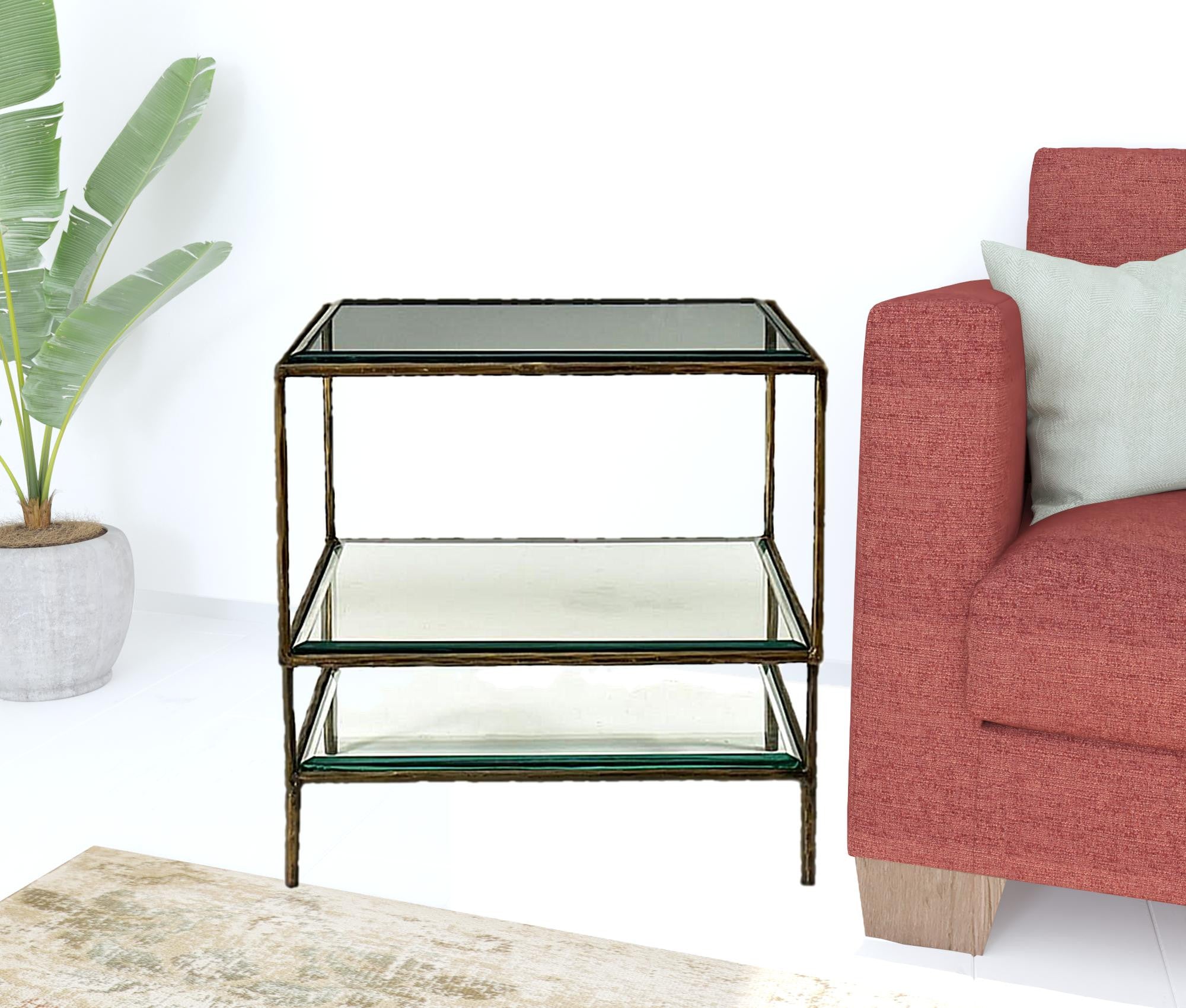 20" Bronze And Clear Glass And Iron Square End Table With Two Shelves-2