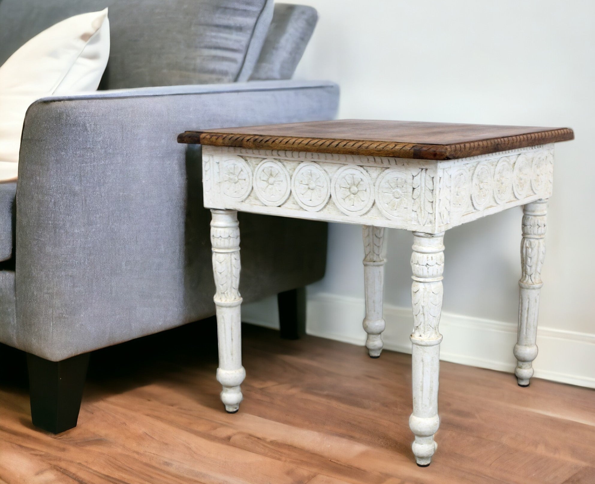 24" Ivory And Brown Distressed Solid Wood Square End Table-0