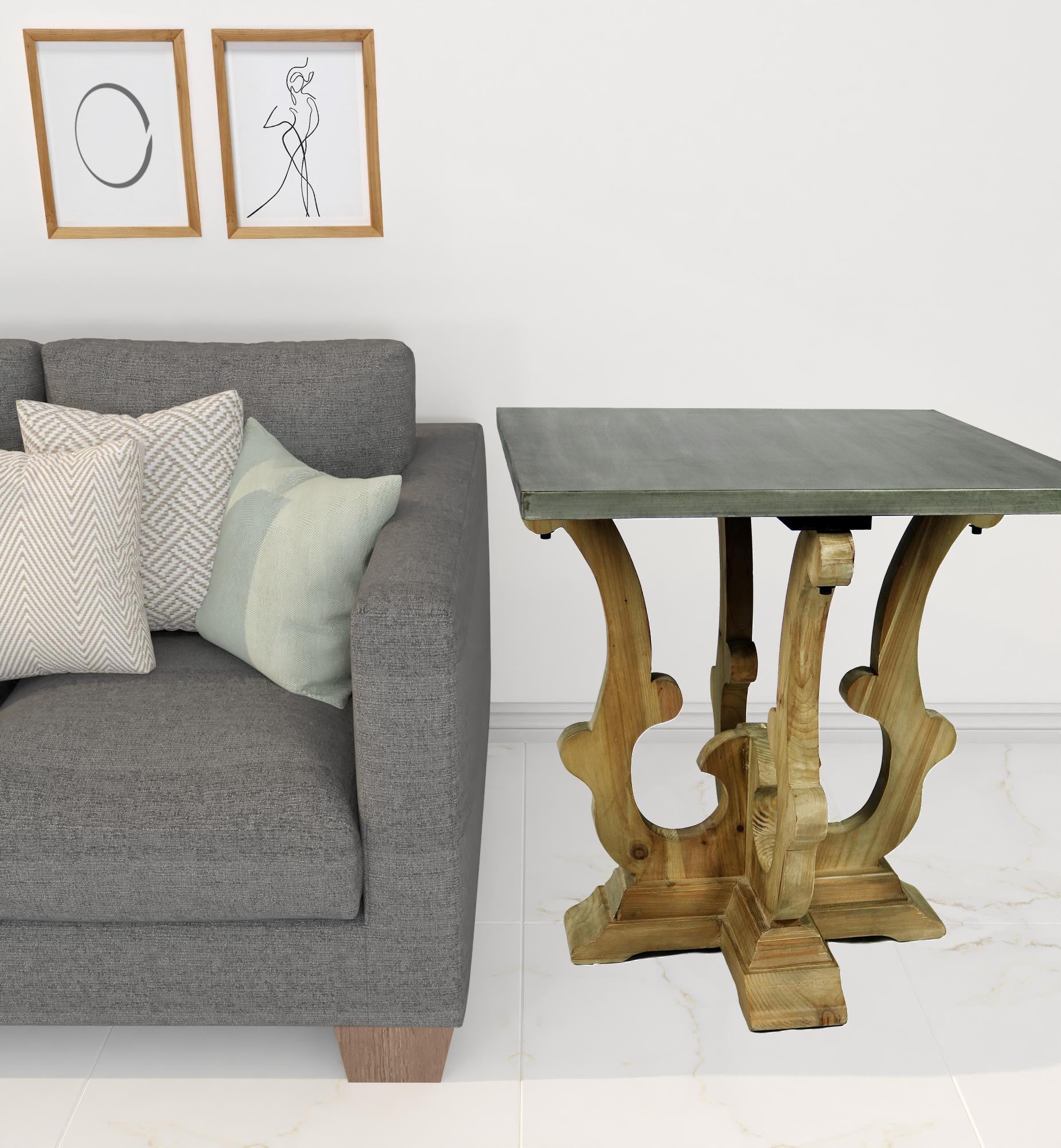 24" Natural Brown And Gray Metal And Solid Wood Square End Table-2