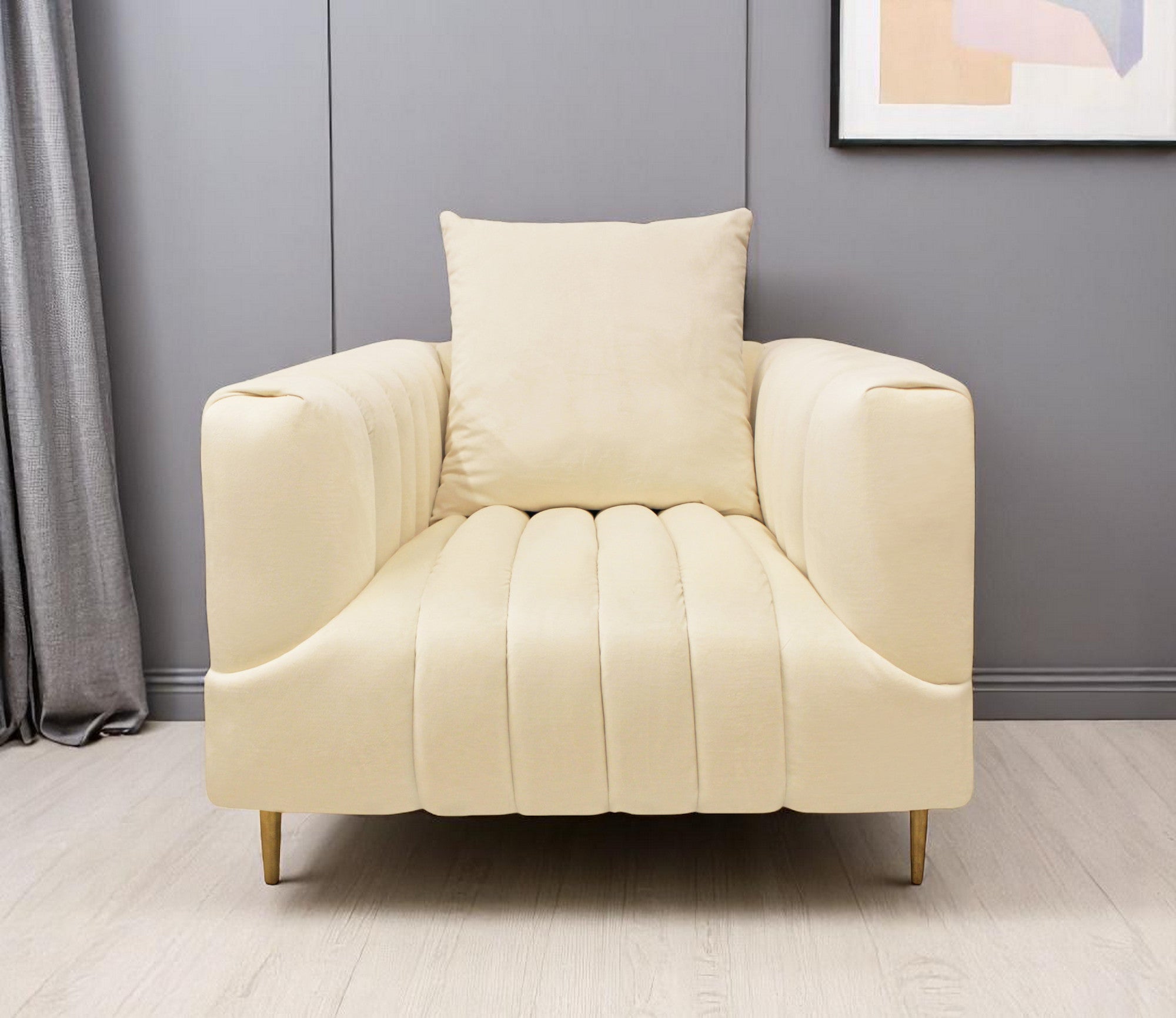 37" Ivory Velvet And Gold Solid Color Lounge Chair-0