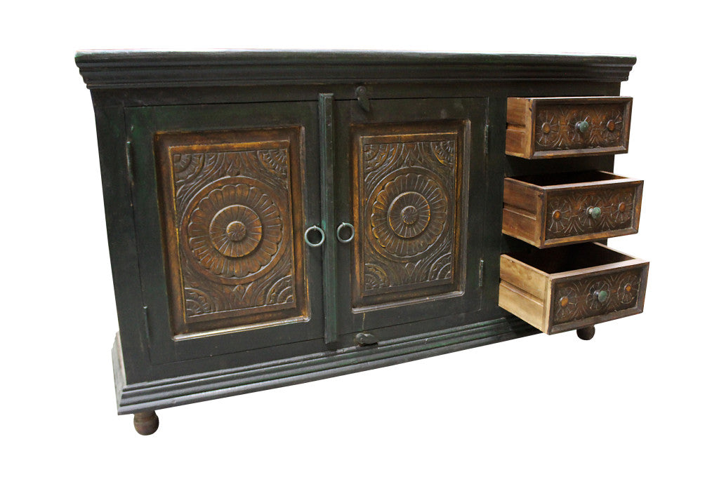 60" Dark Brown and Green Solid Wood Three Drawer Buffet Table with Two Doors-4