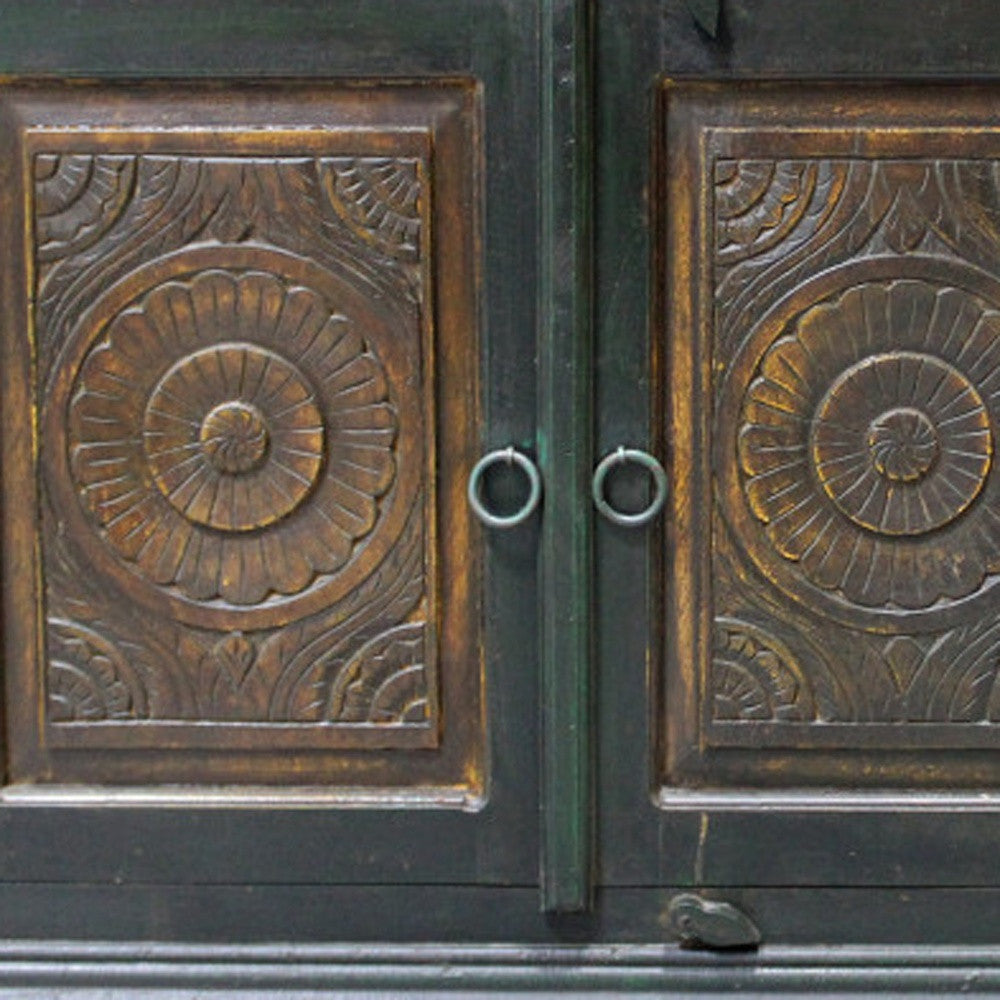 60" Dark Brown and Green Solid Wood Three Drawer Buffet Table with Two Doors-5