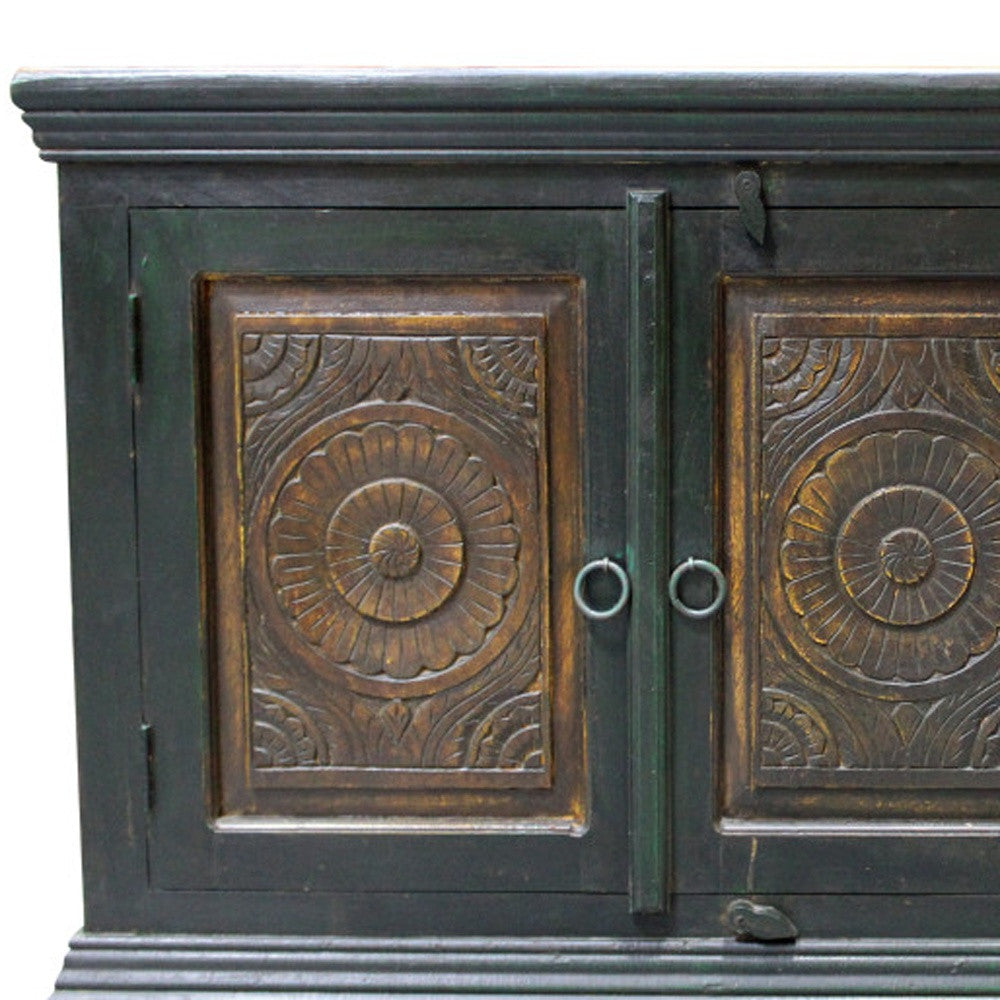 60" Dark Brown and Green Solid Wood Three Drawer Buffet Table with Two Doors-6