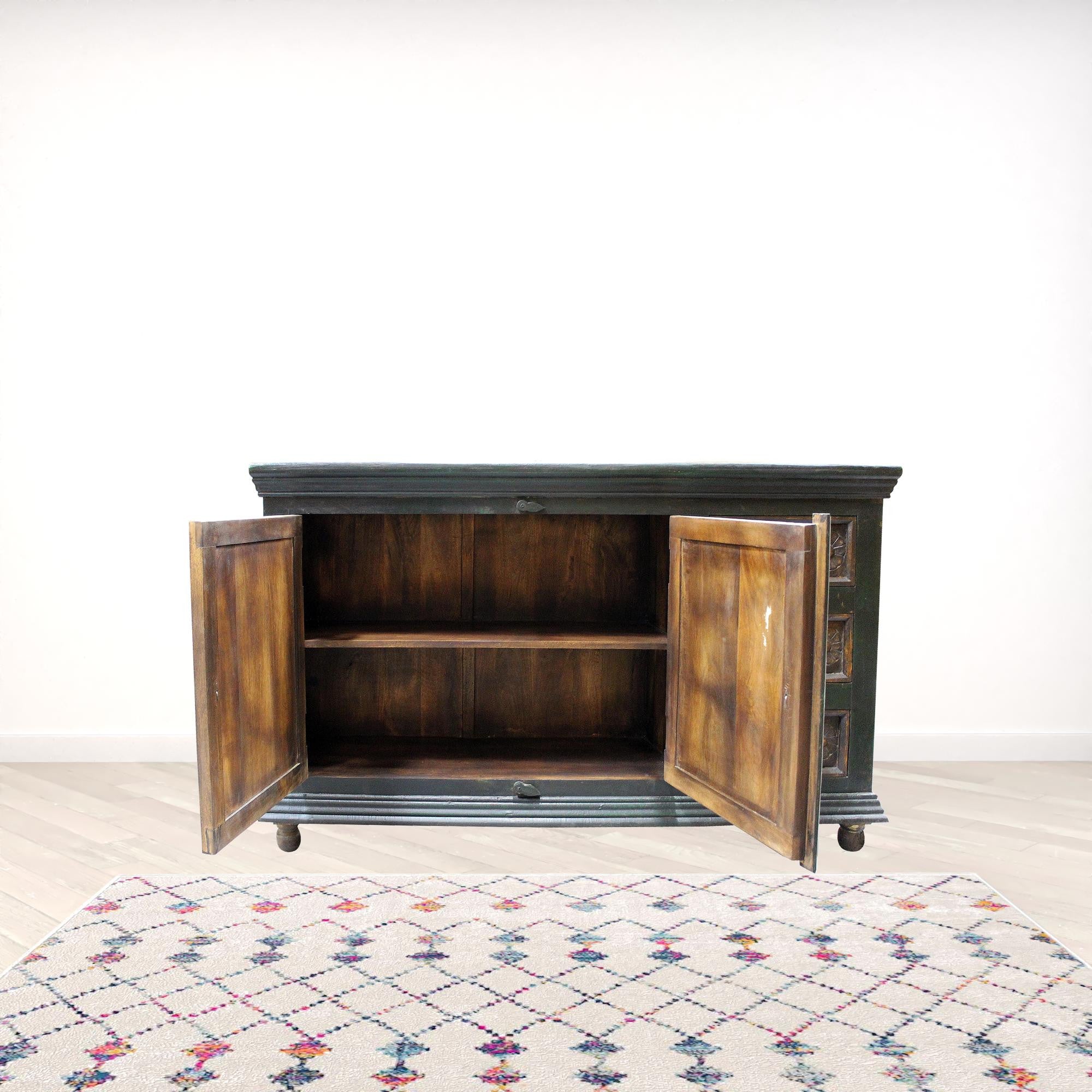 60" Dark Brown and Green Solid Wood Three Drawer Buffet Table with Two Doors-1