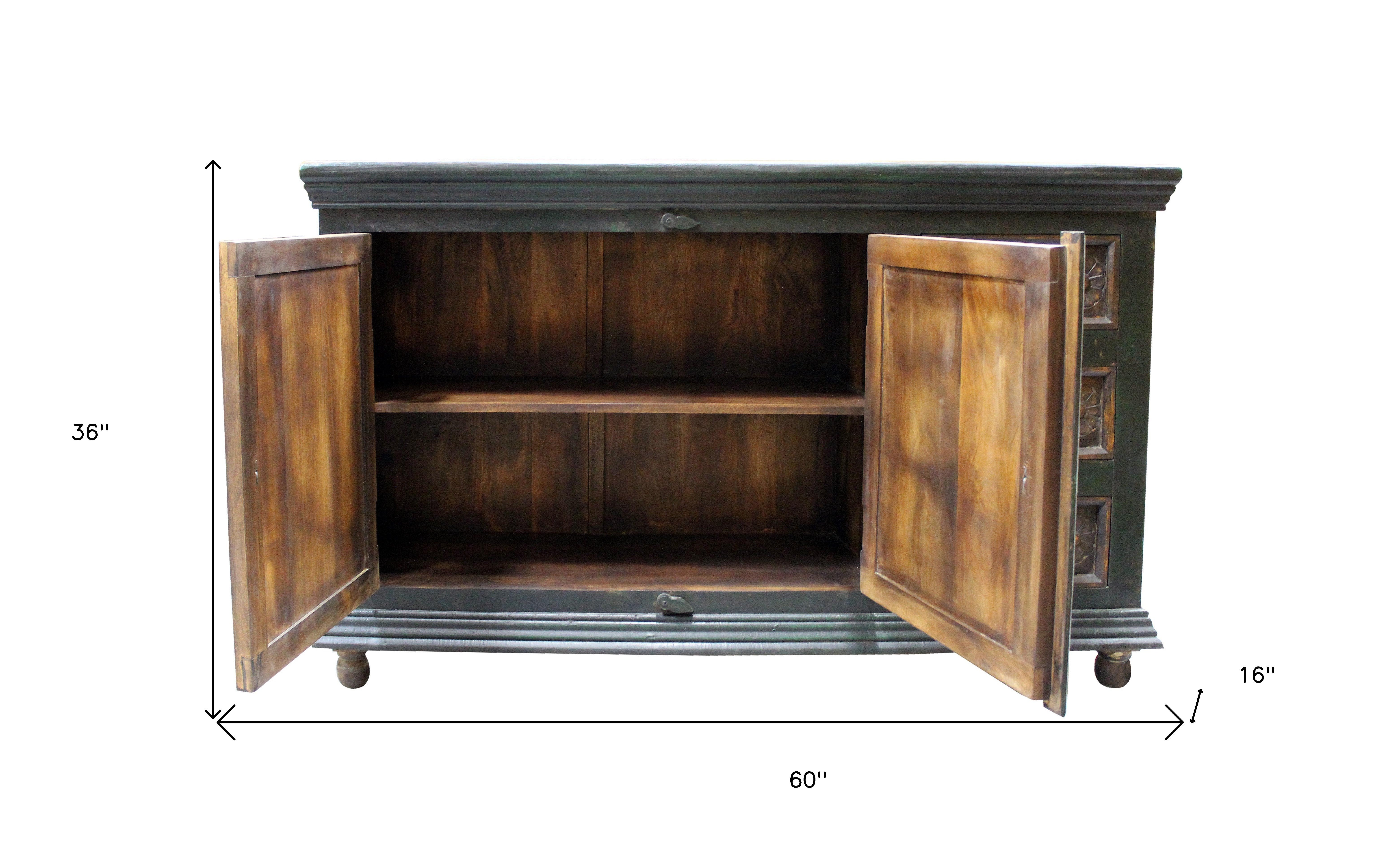60" Dark Brown and Green Solid Wood Three Drawer Buffet Table with Two Doors-7