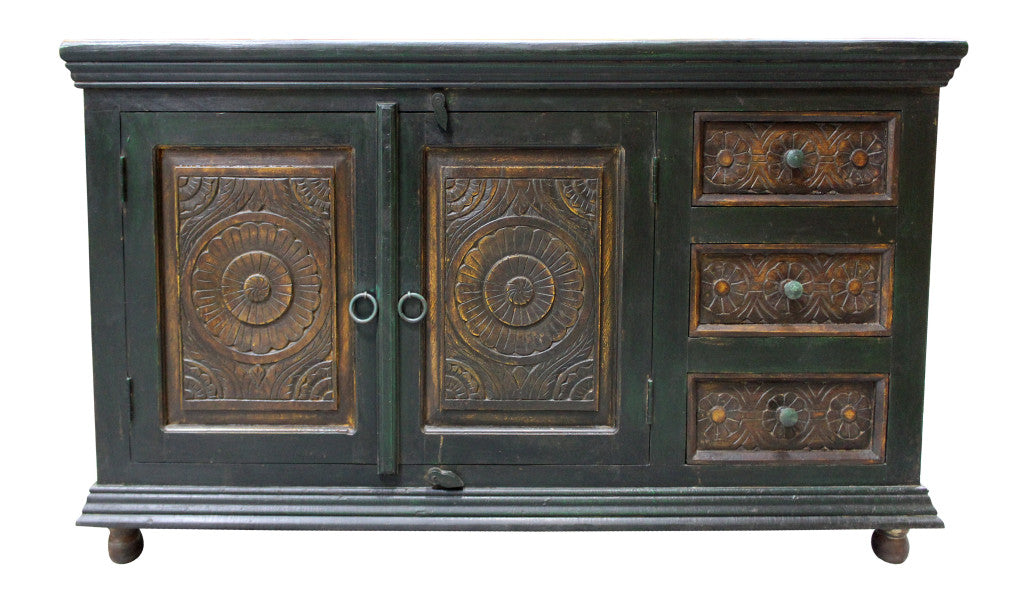 60" Dark Brown and Green Solid Wood Three Drawer Buffet Table with Two Doors-0