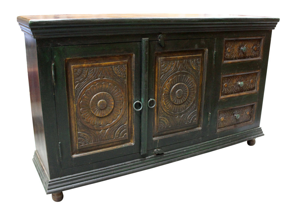 60" Dark Brown and Green Solid Wood Three Drawer Buffet Table with Two Doors-2