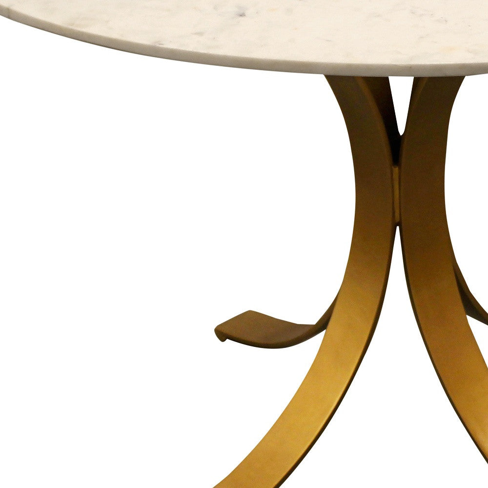 48" Ivory And Brass Rounded Marble And Iron Pedestal Base Dining Table-3