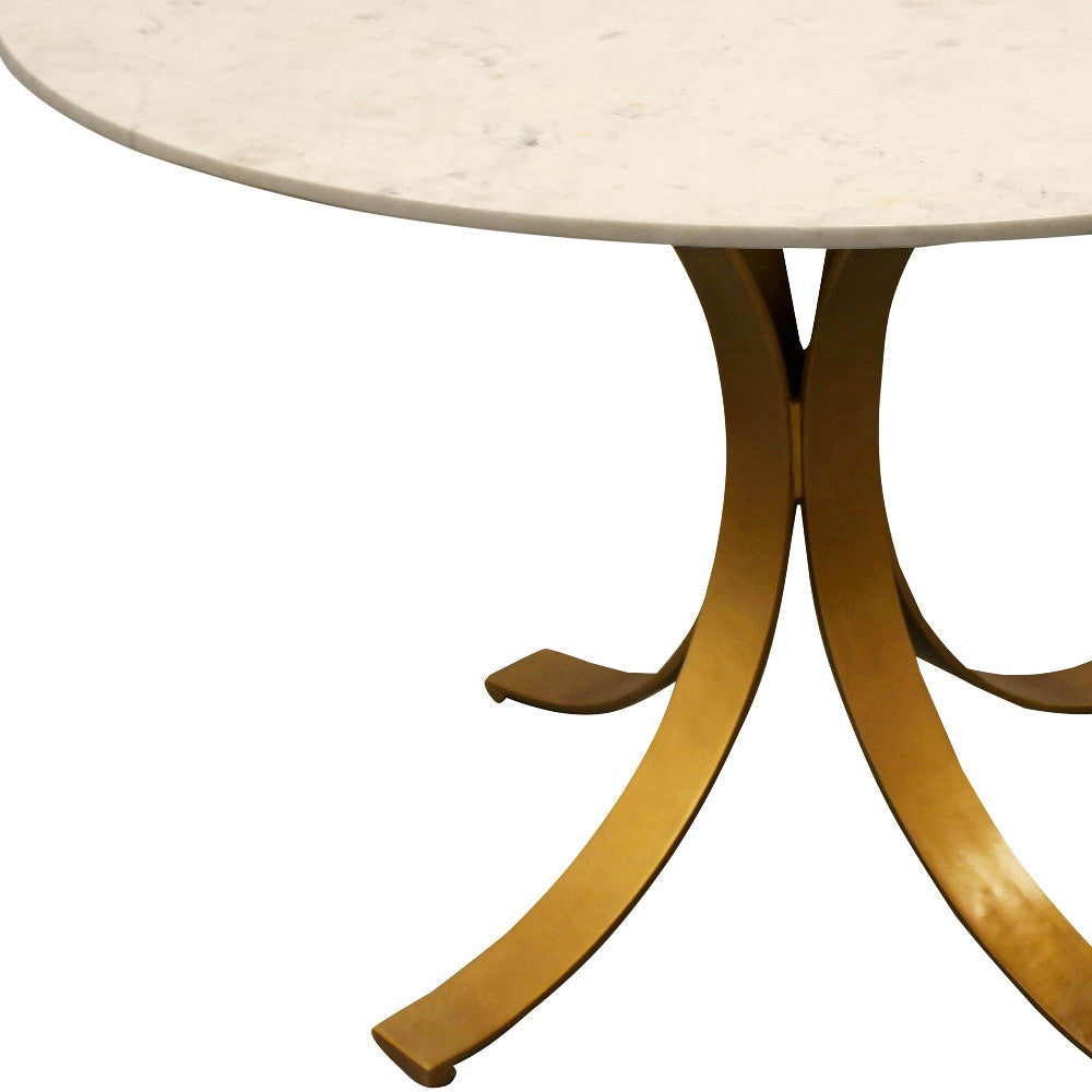 48" Ivory And Brass Rounded Marble And Iron Pedestal Base Dining Table-4