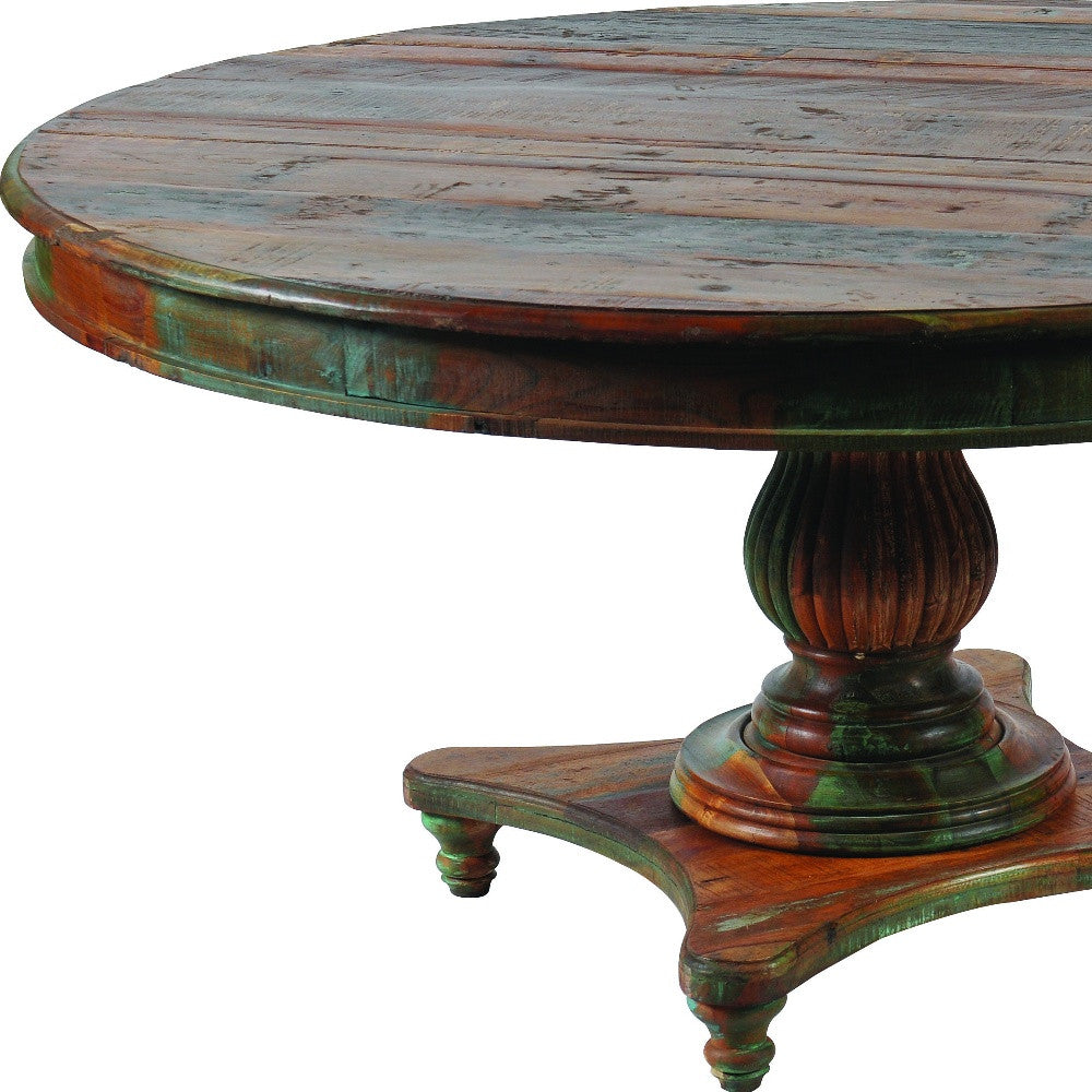 60" Brown Rounded Solid Wood Pedestal Base Dining Table-2