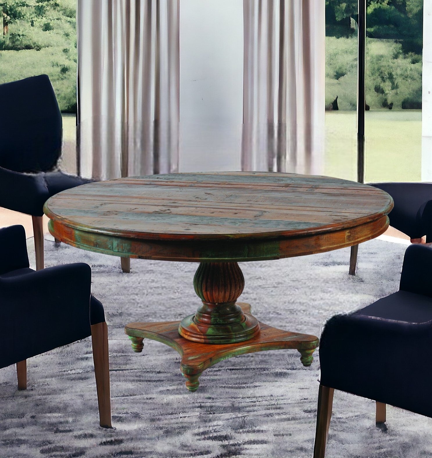 60" Brown Rounded Solid Wood Pedestal Base Dining Table-0