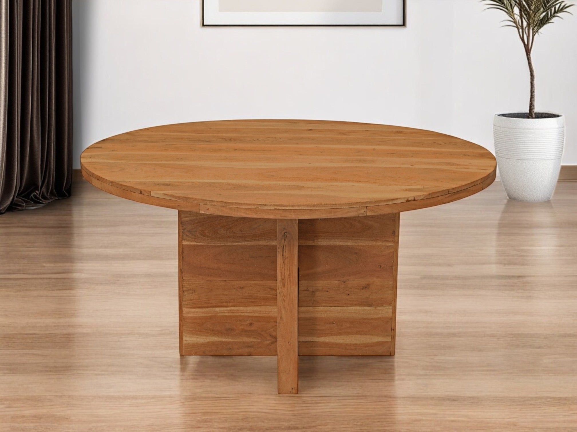 60" Natural Rounded Solid Wood Pedestal Base Dining Table-0