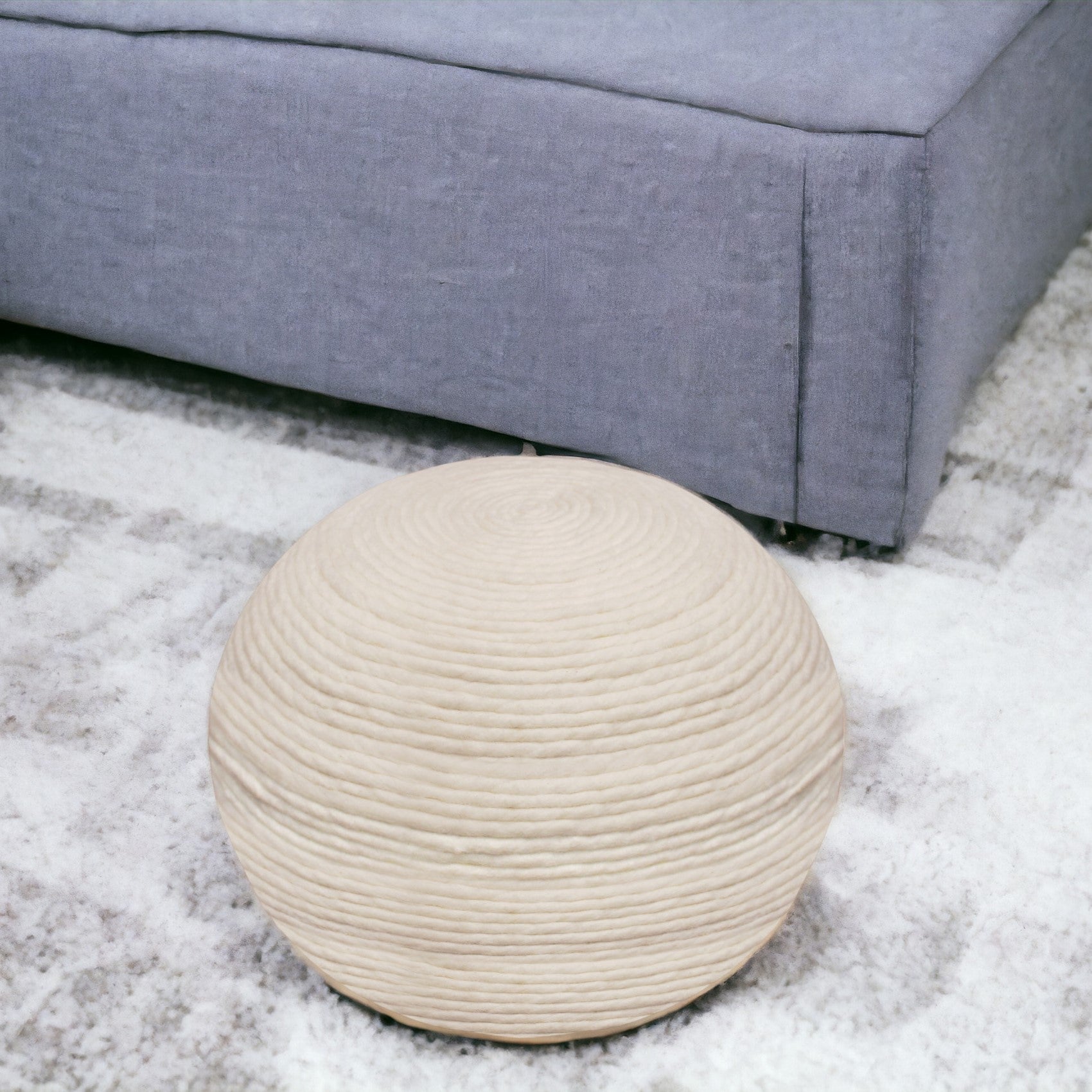 20" Ivory Wool Round Ribbed Pouf Ottoman-0