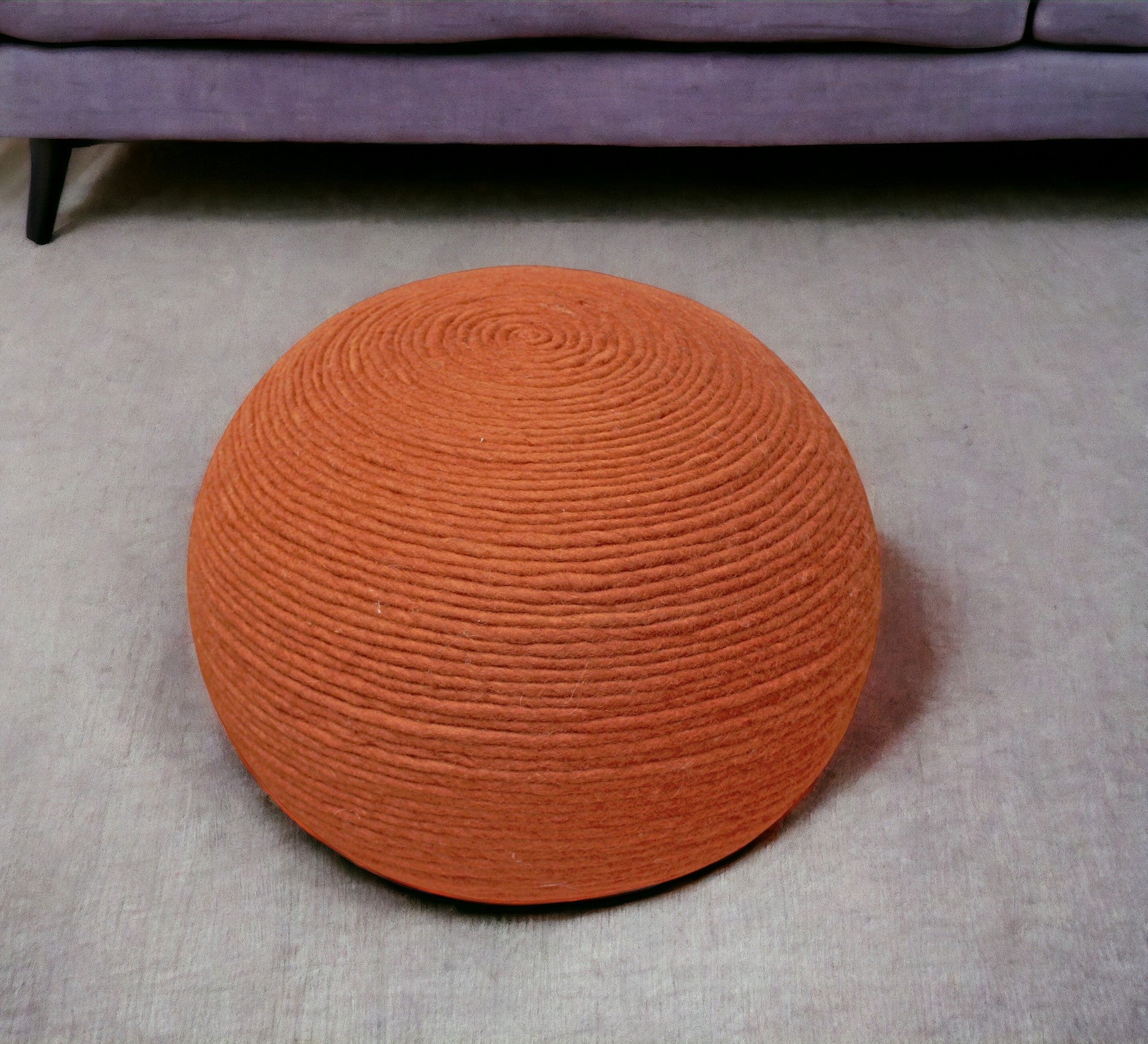 20" Orange Wool Round Ribbed Pouf Ottoman-0