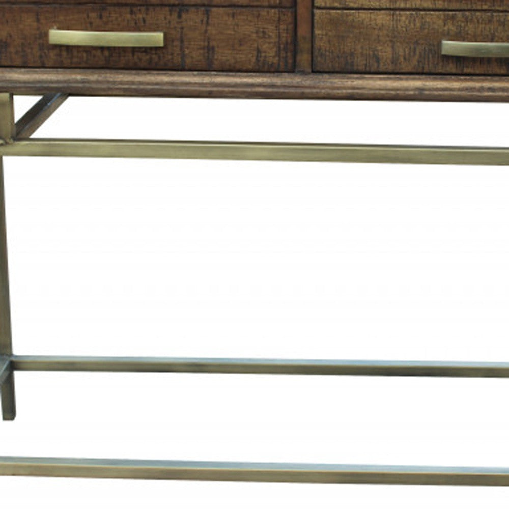 36" Brown and Brass Solid Wood Distressed Frame Console Table With Storage-3