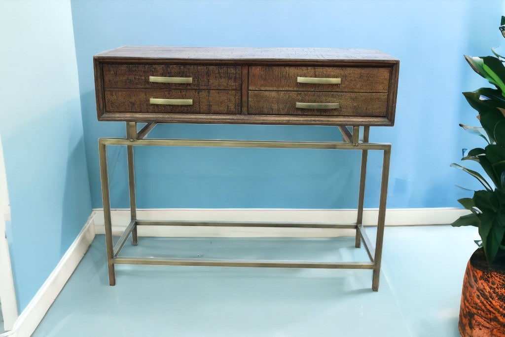 36" Brown and Brass Solid Wood Distressed Frame Console Table With Storage-2