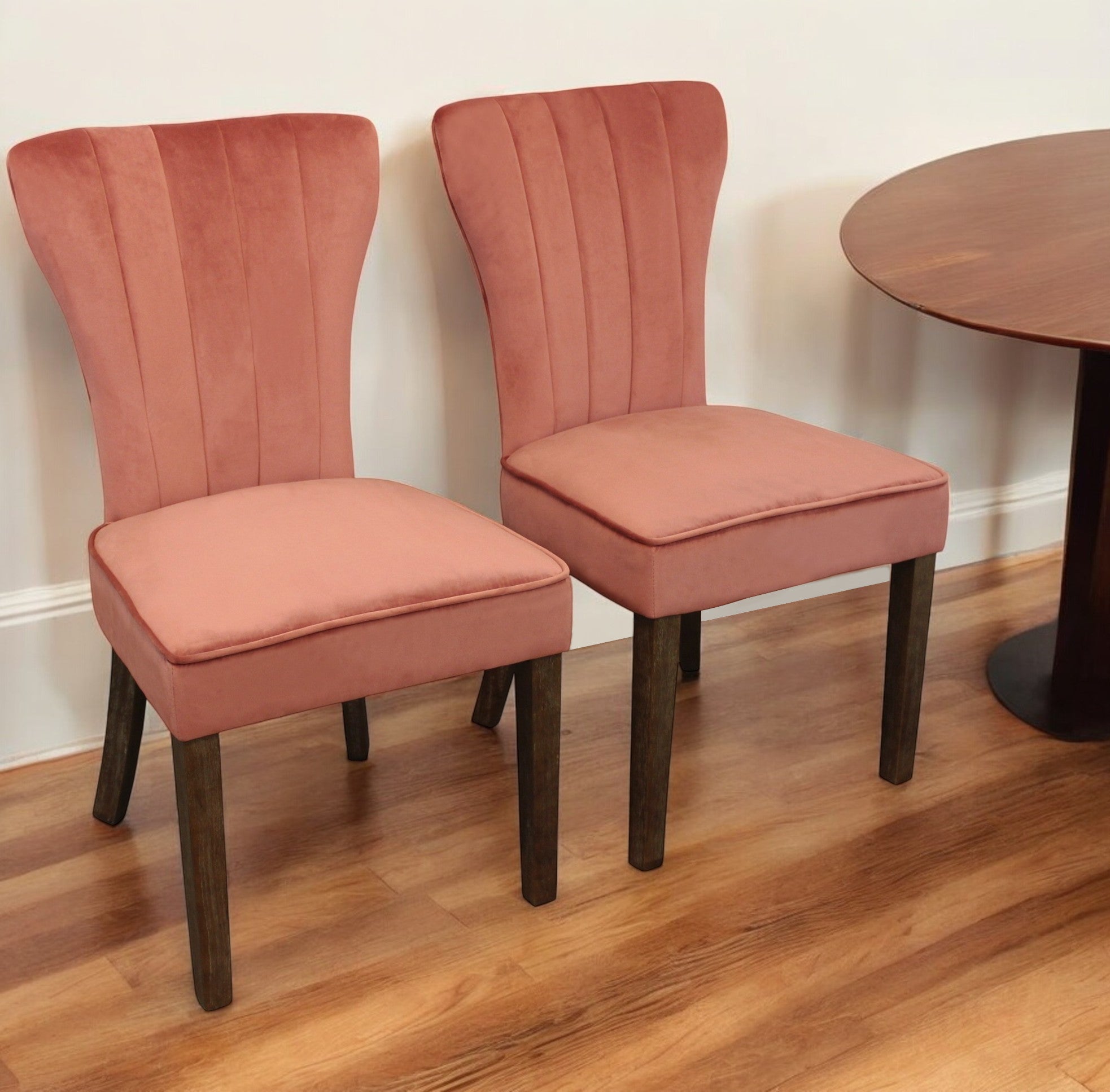 Set of Two Blush and Brown Upholstered Velvet Dining Parsons Chairs-0