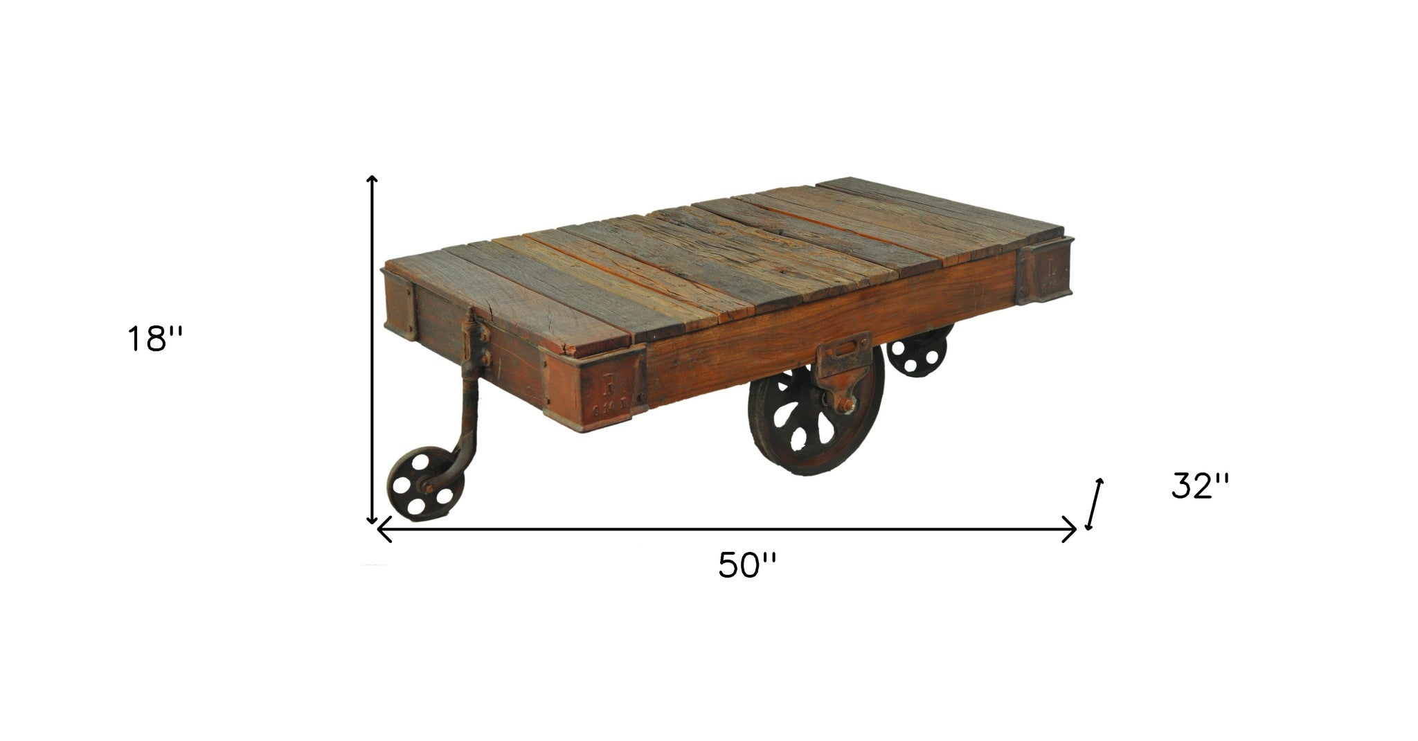 50" Brown and Black Solid Wood and Iron Distressed Wheel Coffee Table-4