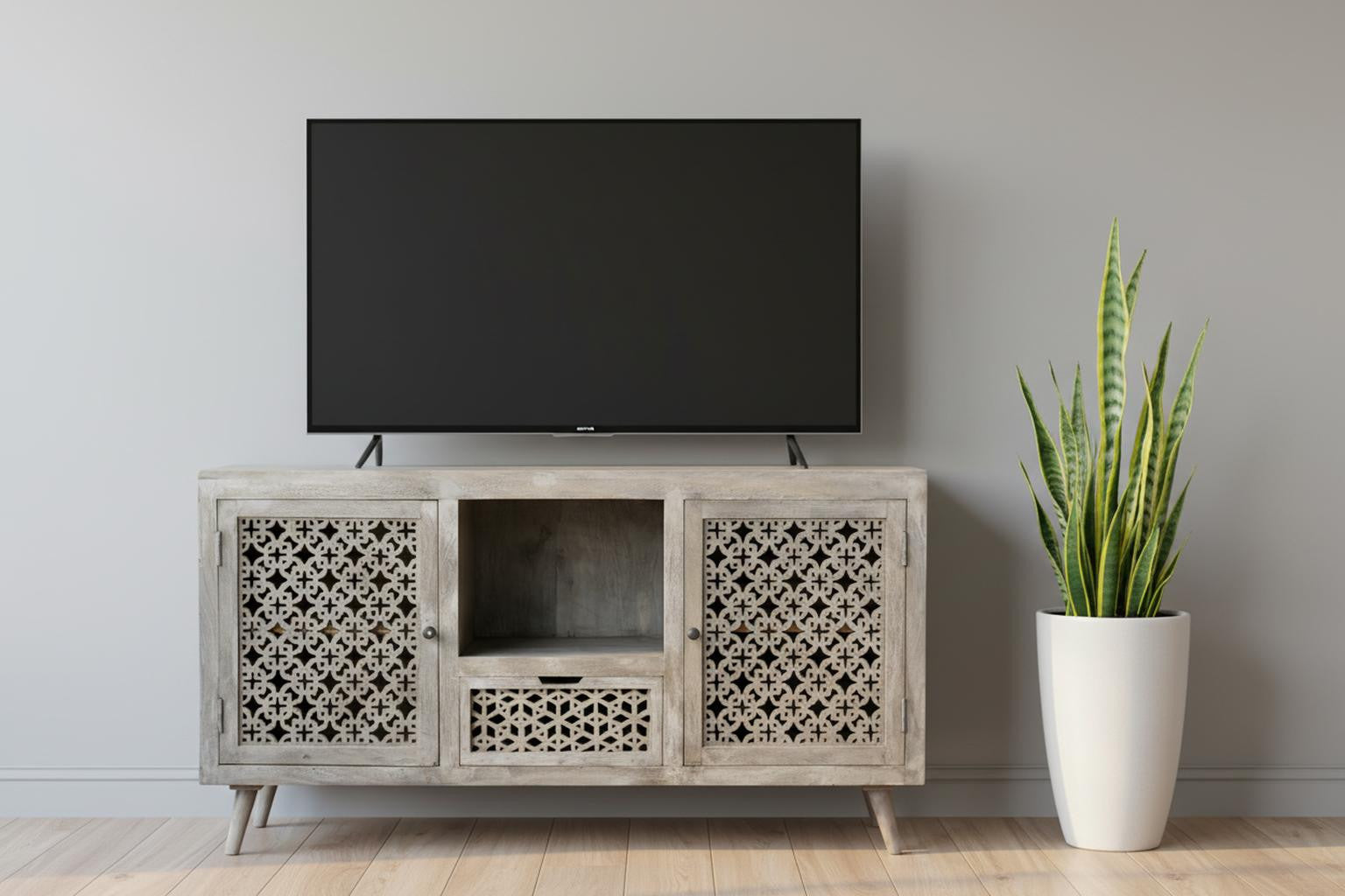 55" Gray Solid Wood Cabinet Enclosed Storage Worn TV Stand-0