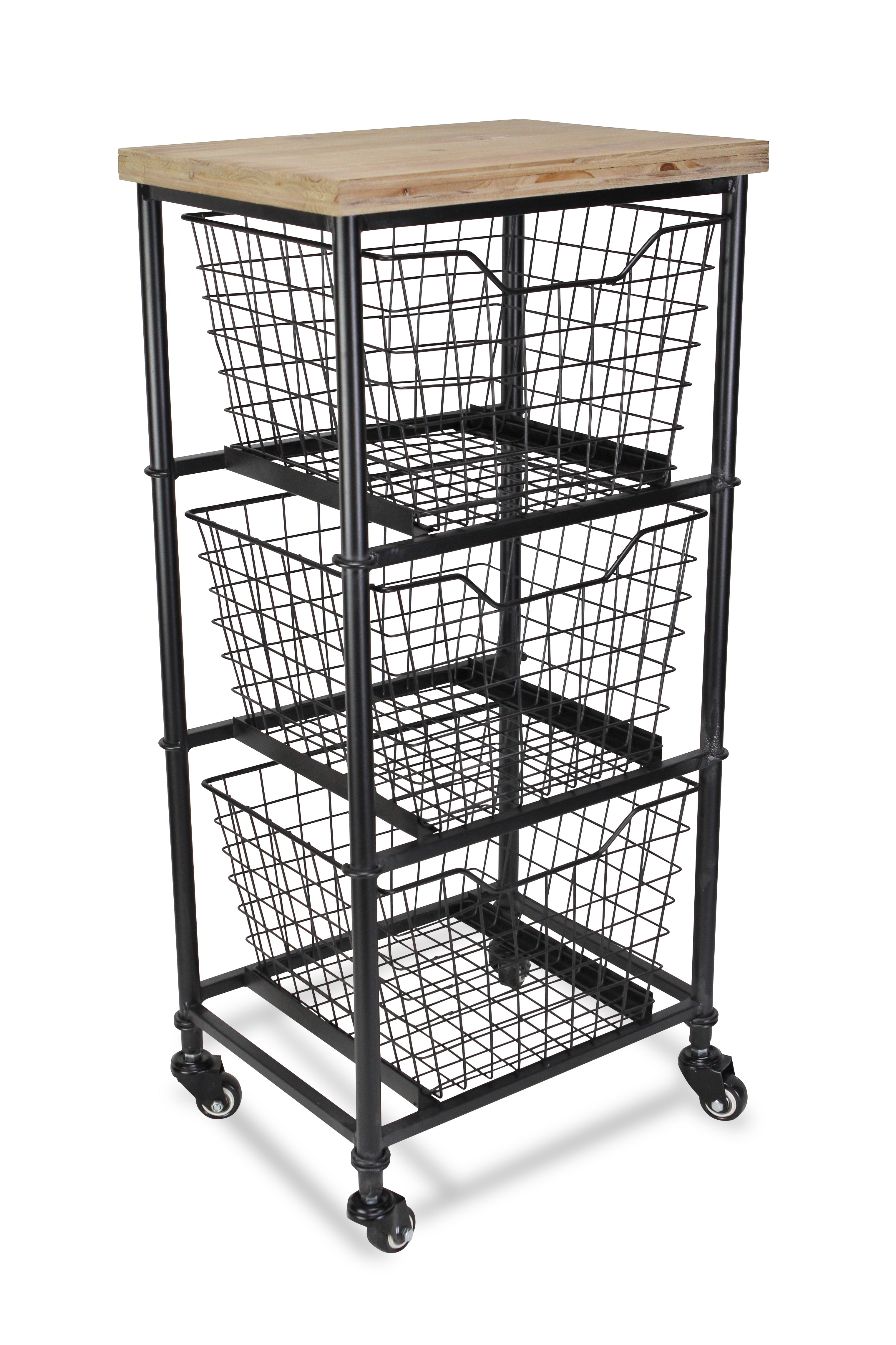 32" Black And Natural Metal And Wood Basket Storage Rolling Cabinet-2