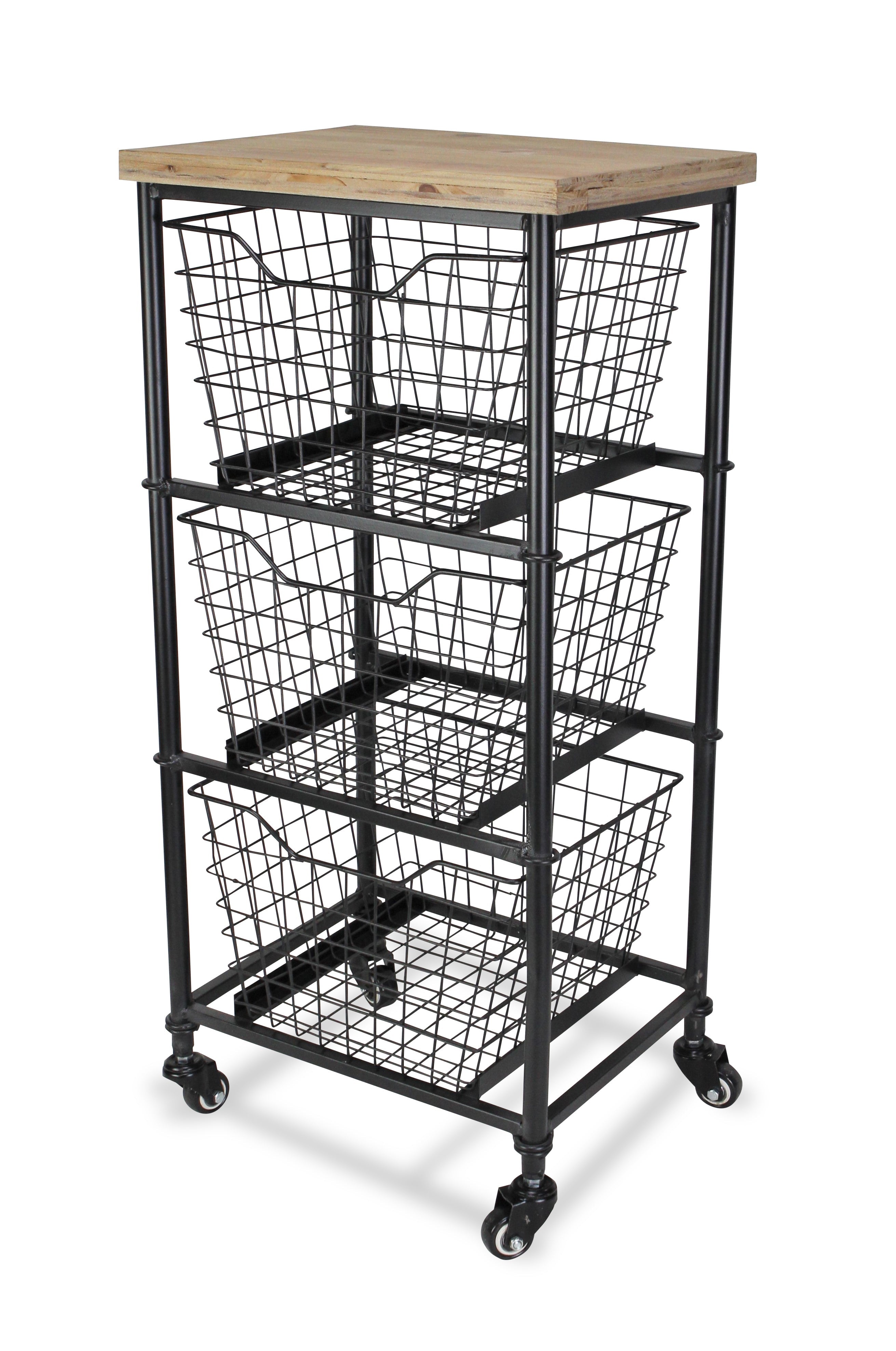 32" Black And Natural Metal And Wood Basket Storage Rolling Cabinet-1