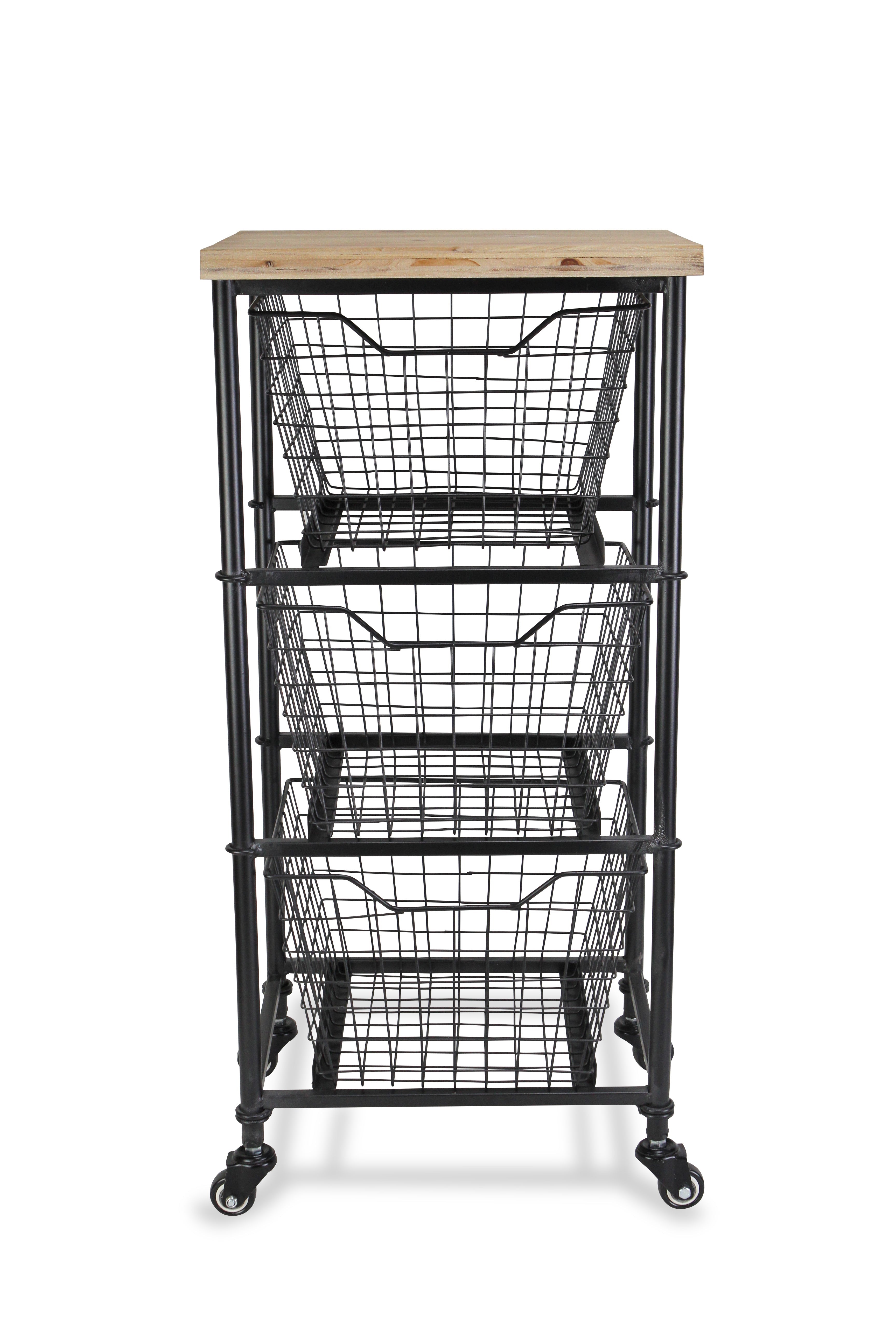 32" Black And Natural Metal And Wood Basket Storage Rolling Cabinet-3