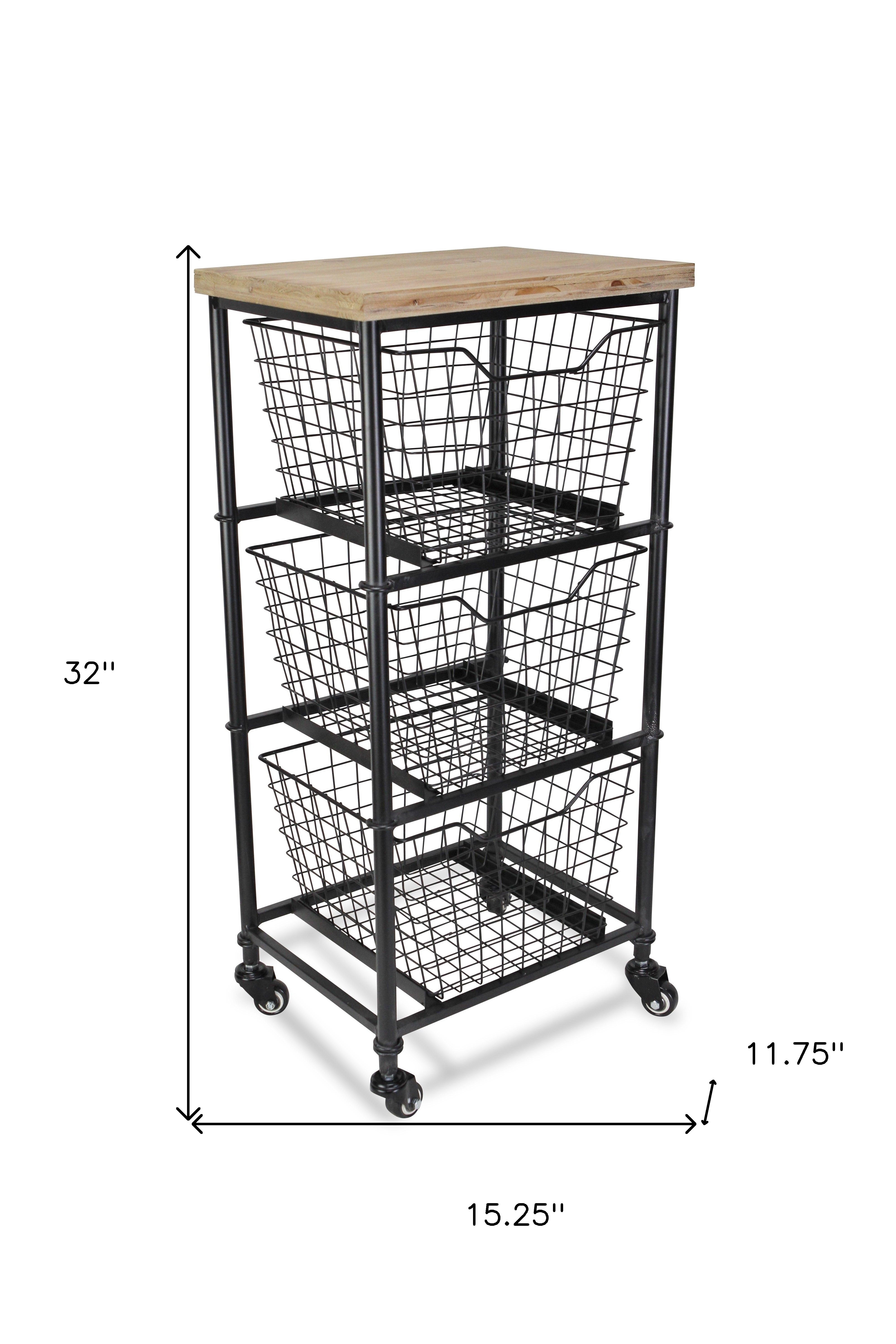 32" Black And Natural Metal And Wood Basket Storage Rolling Cabinet-5