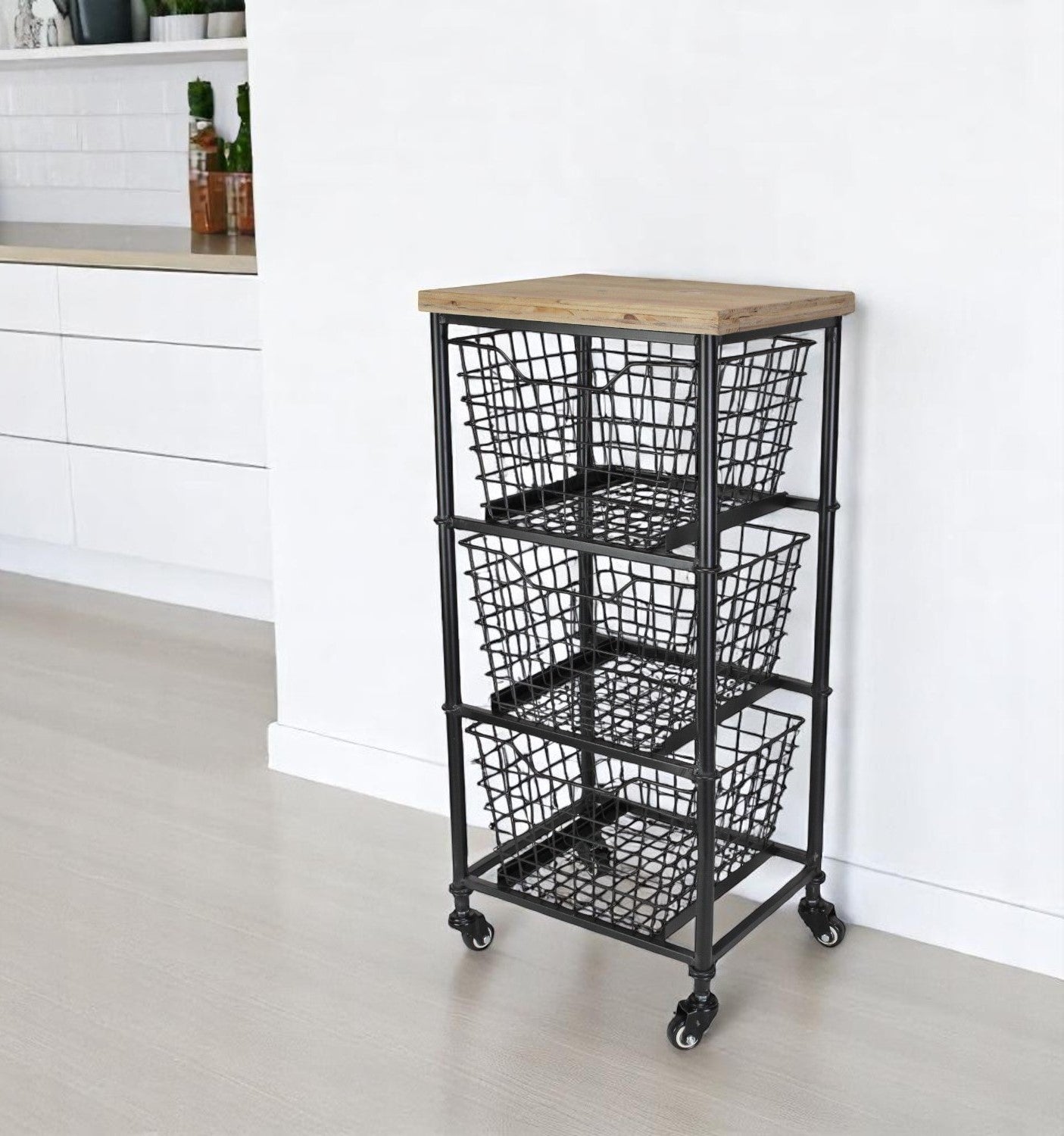 32" Black And Natural Metal And Wood Basket Storage Rolling Cabinet-0