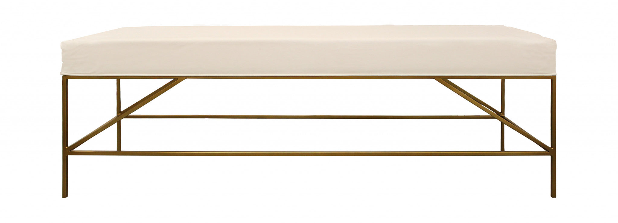 58" Ivory and Gold Upholstered Linen Bench-0