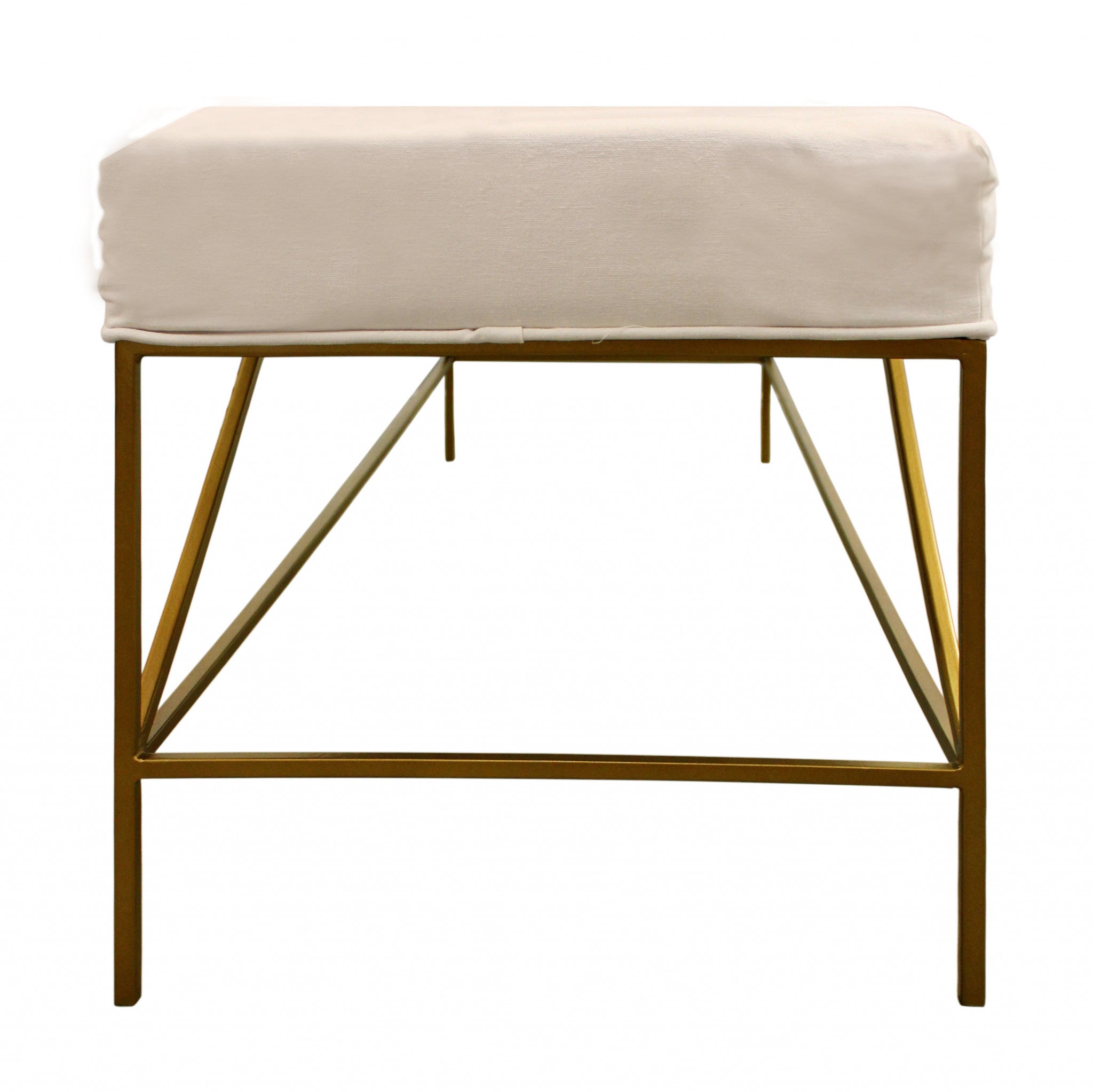 58" Ivory and Gold Upholstered Linen Bench-4