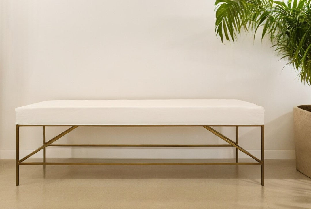 58" Ivory and Gold Upholstered Linen Bench-1