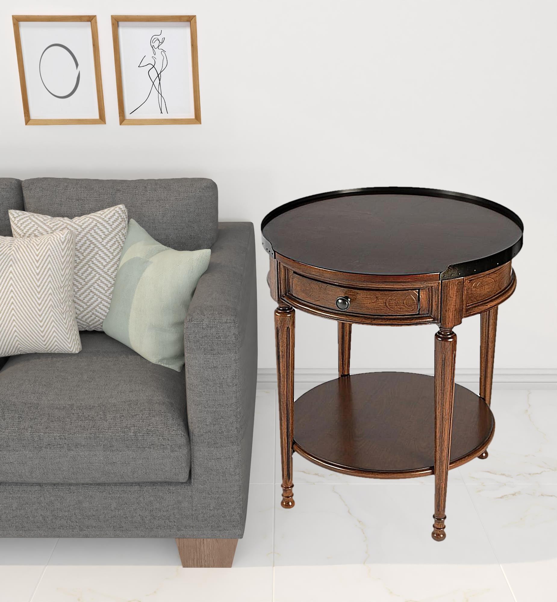 26" Medium Brown Manufactured Wood Round End Table With Drawer And Shelf-5