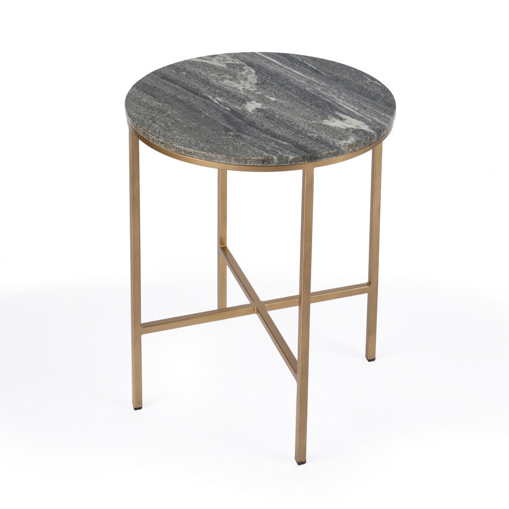 23" Brass And Gray Marble Round End Table-0